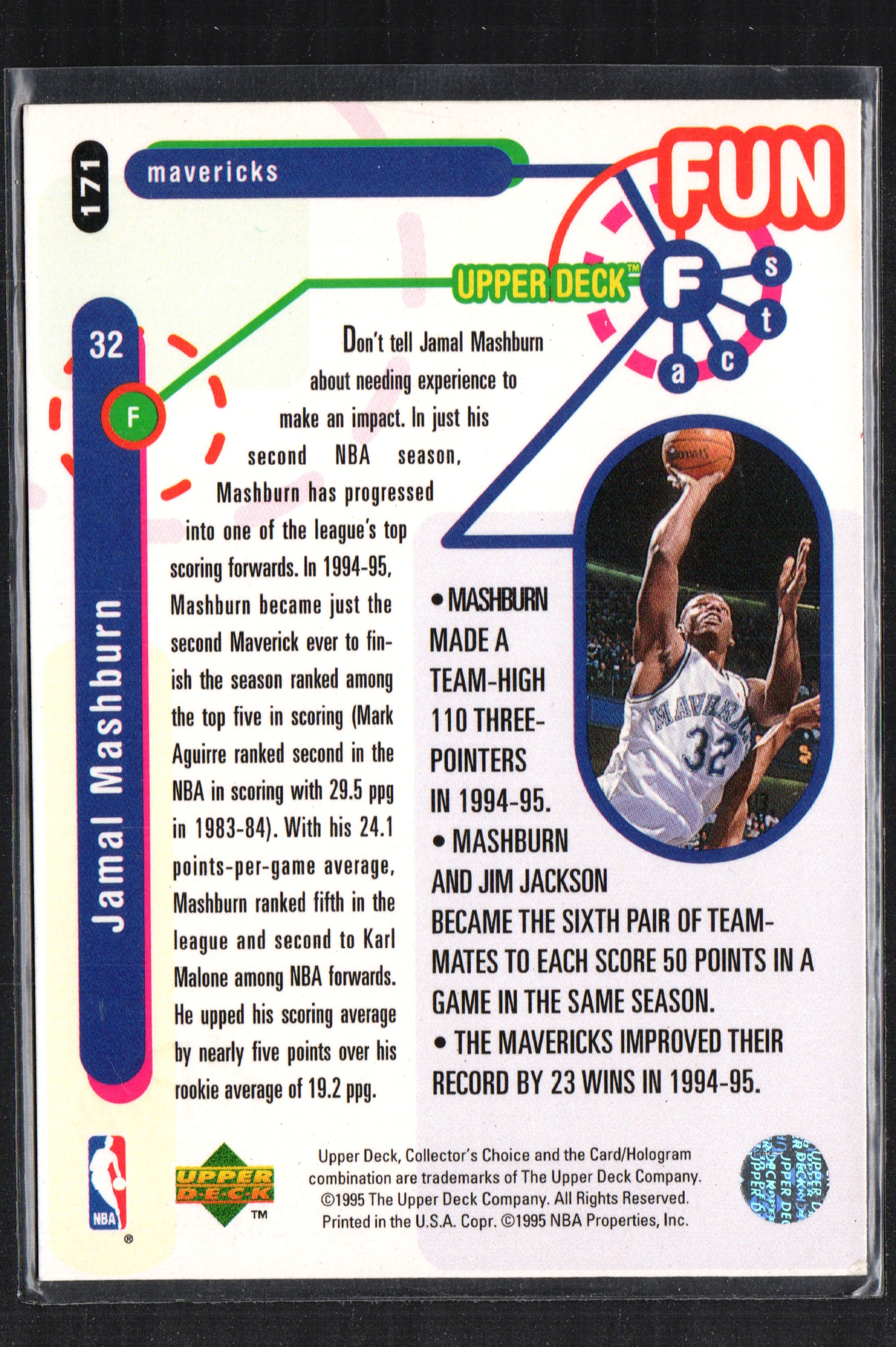 1995 Upper Deck Jamal Mashburn trading card featuring the Dallas Mavericks, showcasing vibrant colors and design.