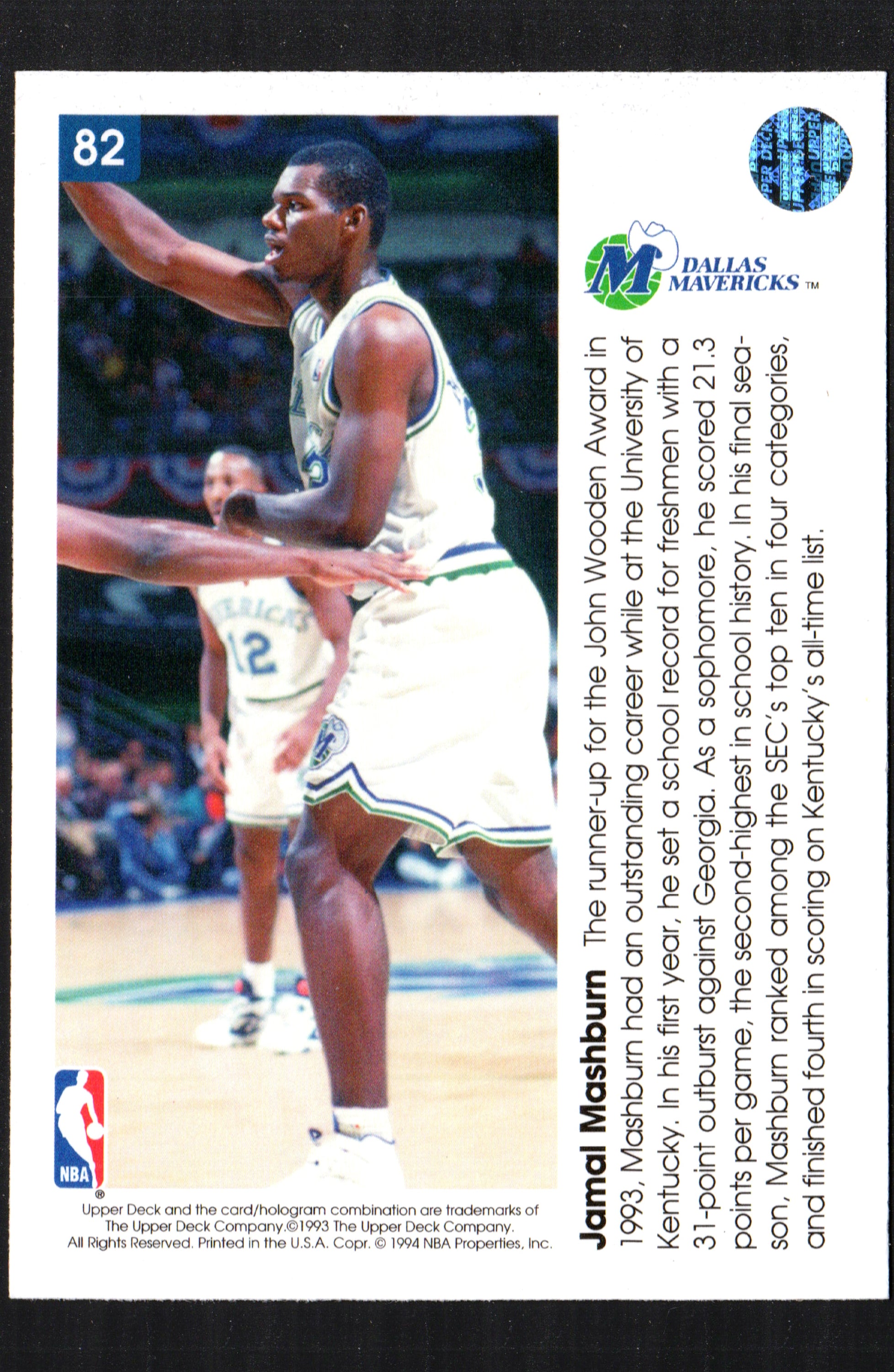 Jamal Mashburn Dallas Mavericks #82 trading card from 1993-94 Upper Deck set, featuring vibrant colors and player details.