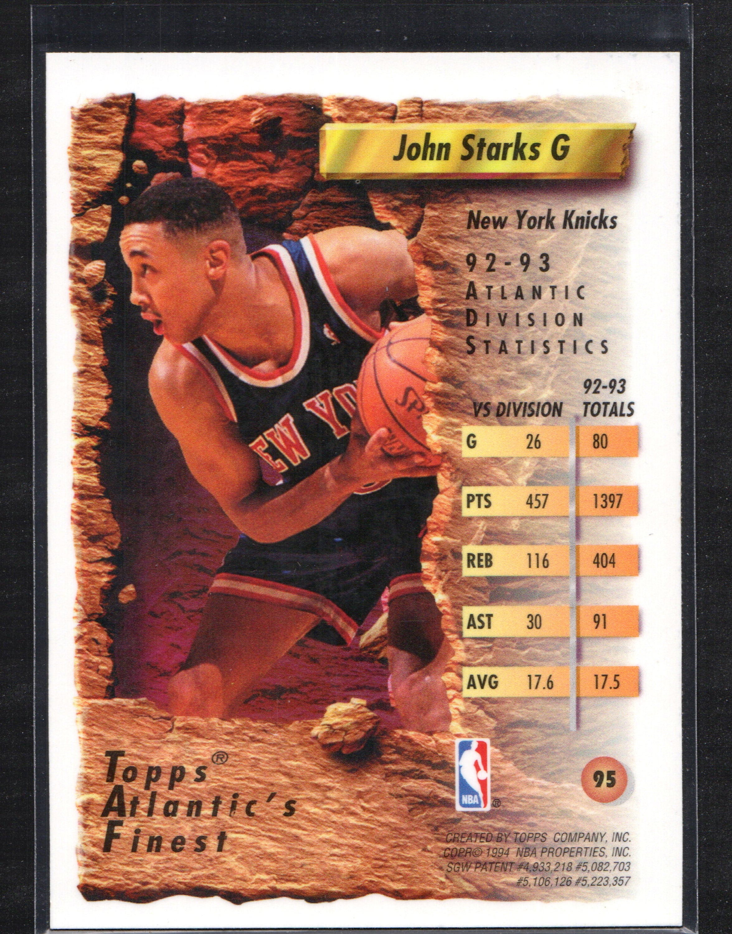 John Starks New York Knicks #95 trading card from 1993-94 Topps Finest set, featuring a refractor finish.
