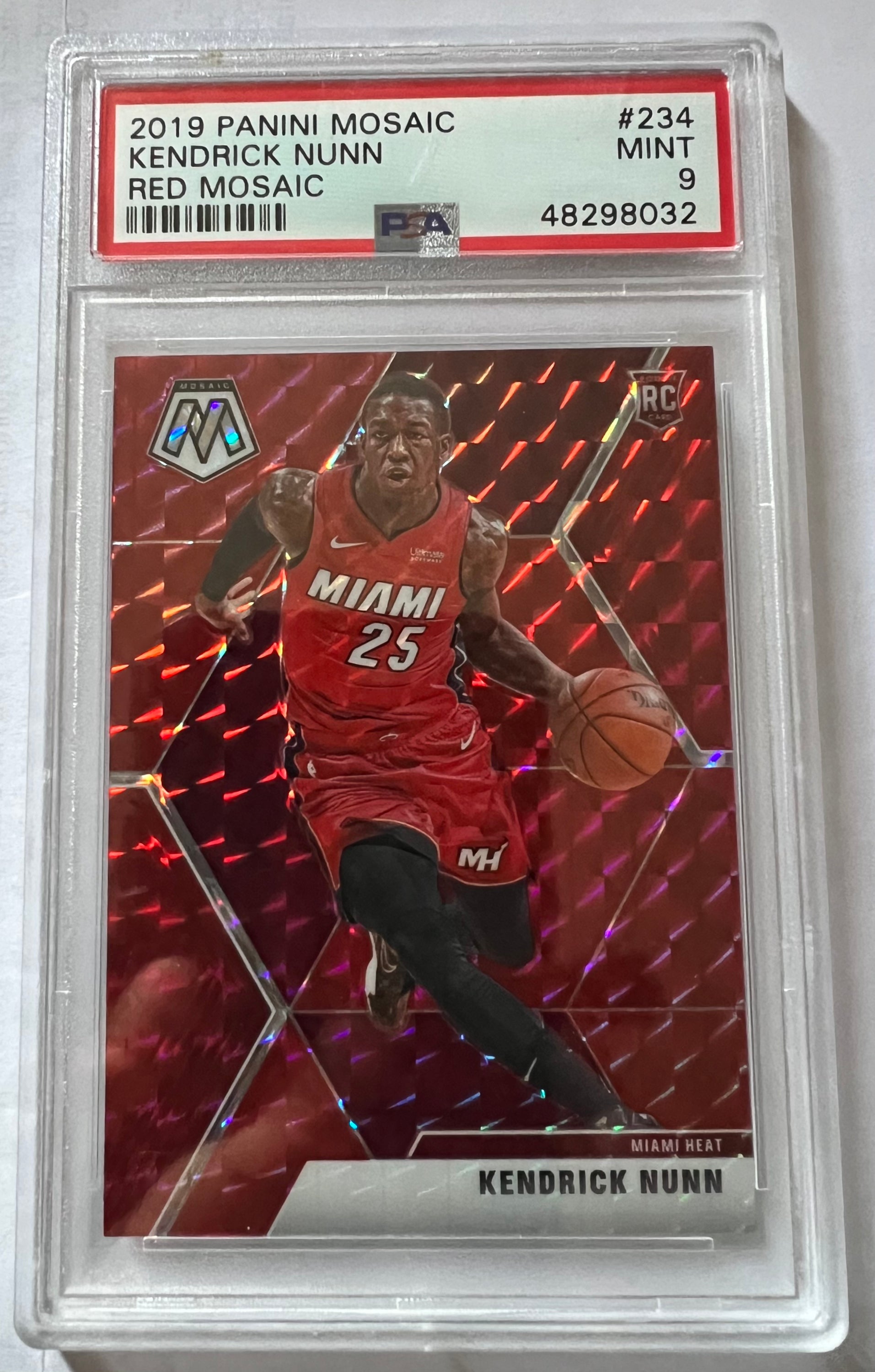 Kendrick Nunn Miami Heat #234 trading card from 2019 Panini Mosaic, graded PSA 9, featuring vibrant red mosaic design.