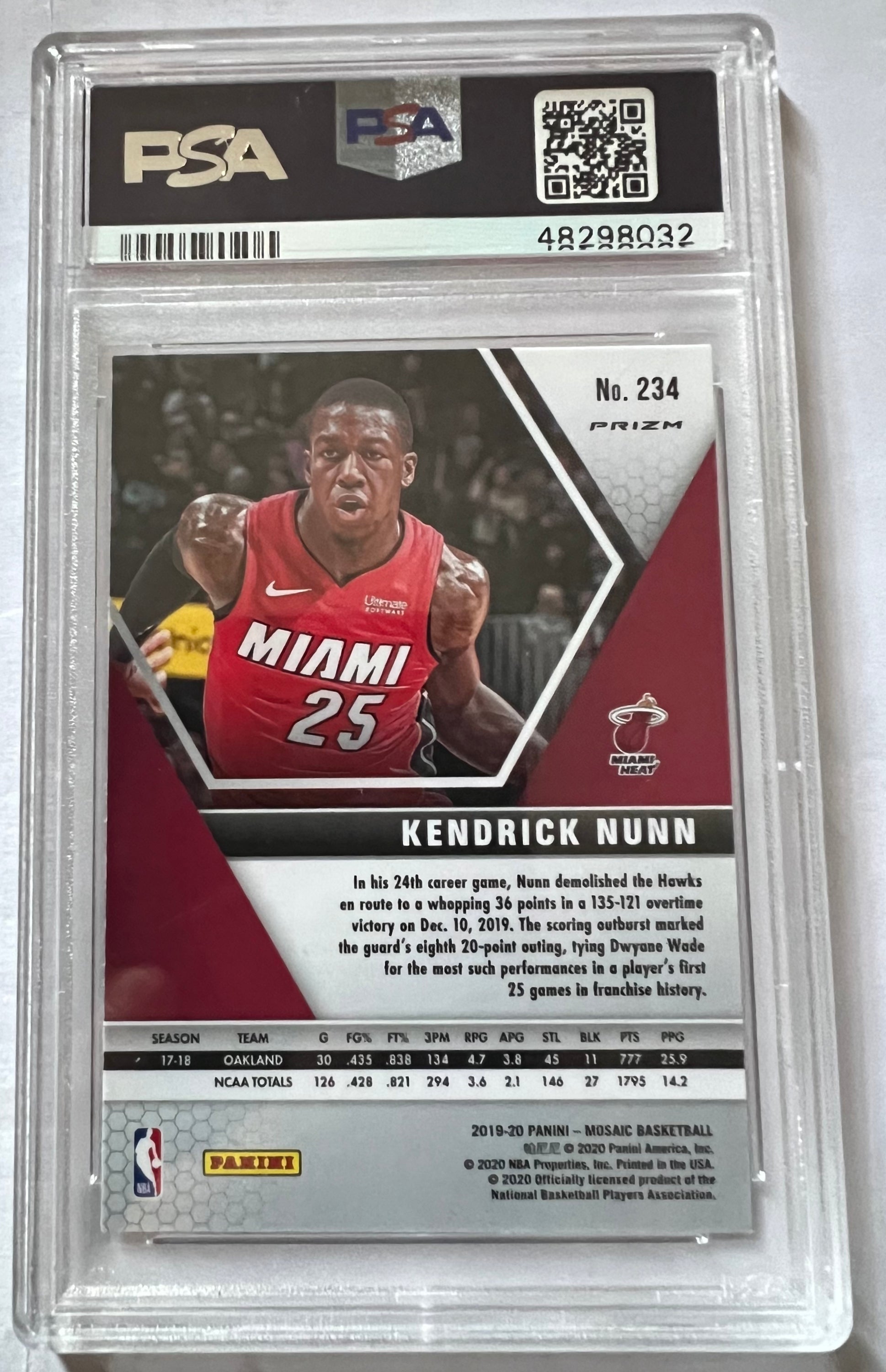 Kendrick Nunn Miami Heat #234 trading card from 2019 Panini Mosaic, graded PSA 9, featuring vibrant red mosaic design.