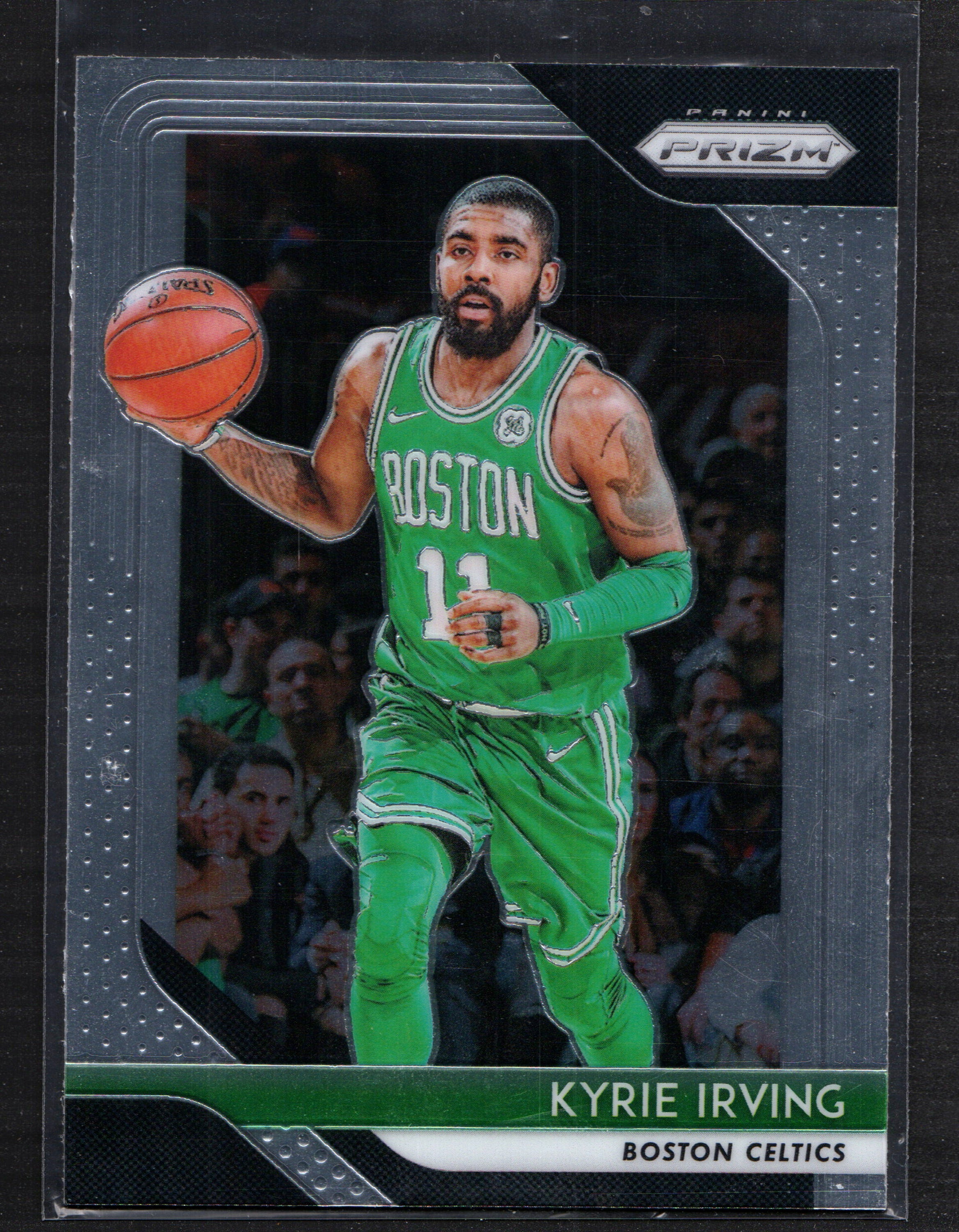 Kyrie Irving Boston Celtics #98 trading card from 2018-19 Panini Prizm, featuring a silver Prizm finish.