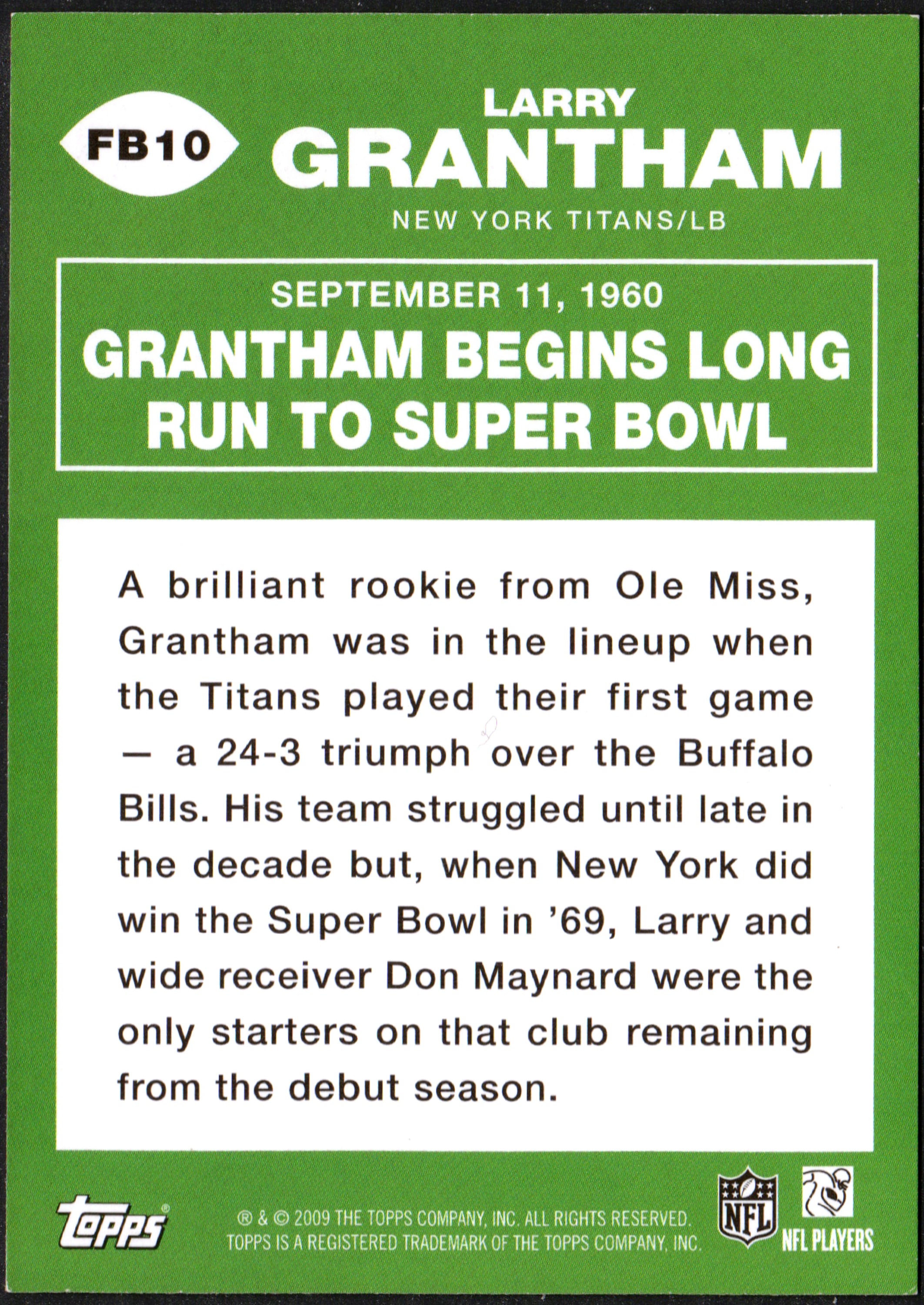 2009 Topps Flashback trading card featuring Larry Grantham of the New York Titans, showcasing vibrant colors and detailed imagery.