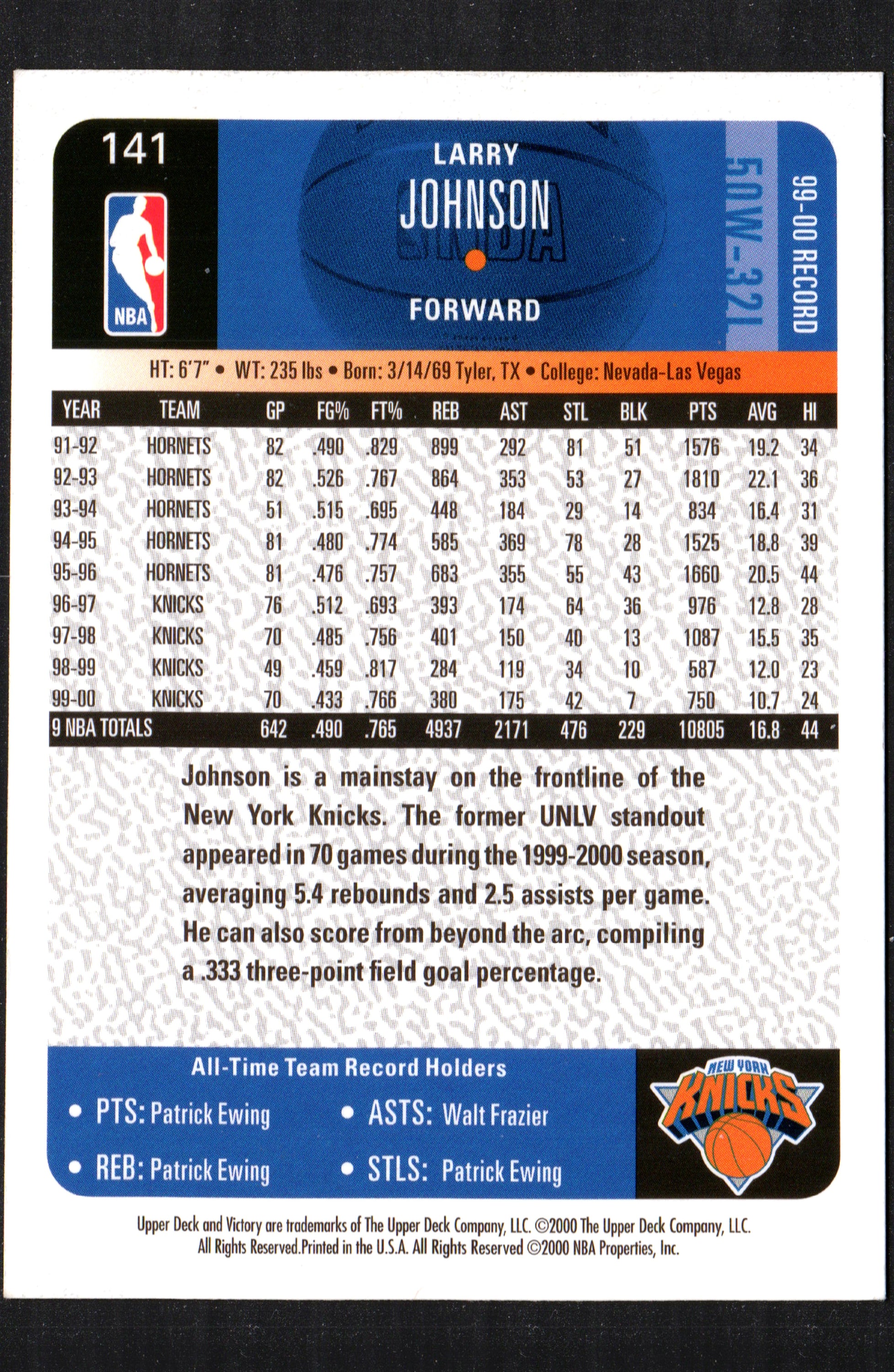 Larry Johnson New York Knicks #141 trading card from 2000-01 Upper Deck Victory, showcasing Johnson in action.