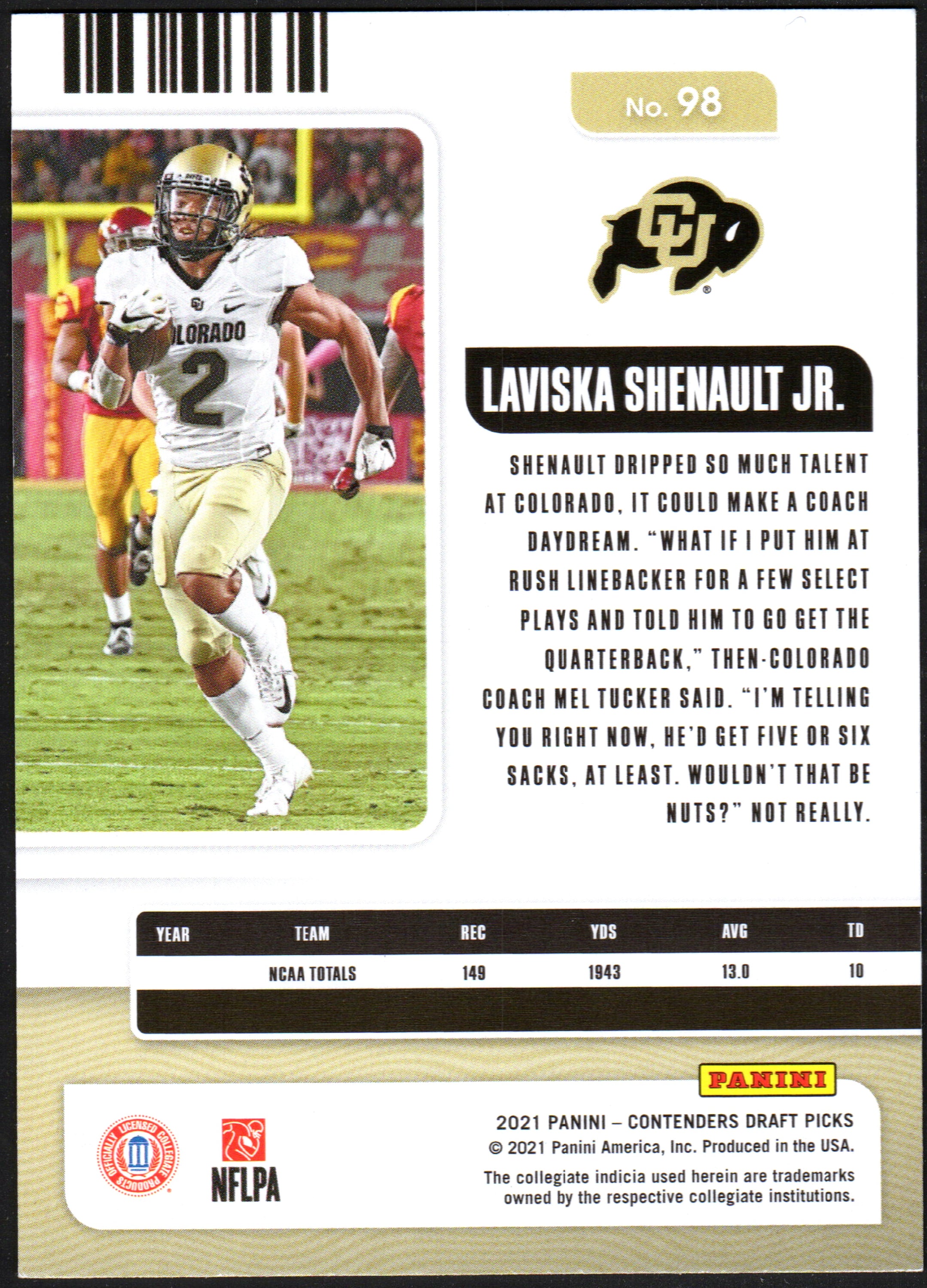 Laviska Shenault Jr. Colorado Buffaloes #98 Season Ticket - 2021 Panini trading card featuring player image and details.