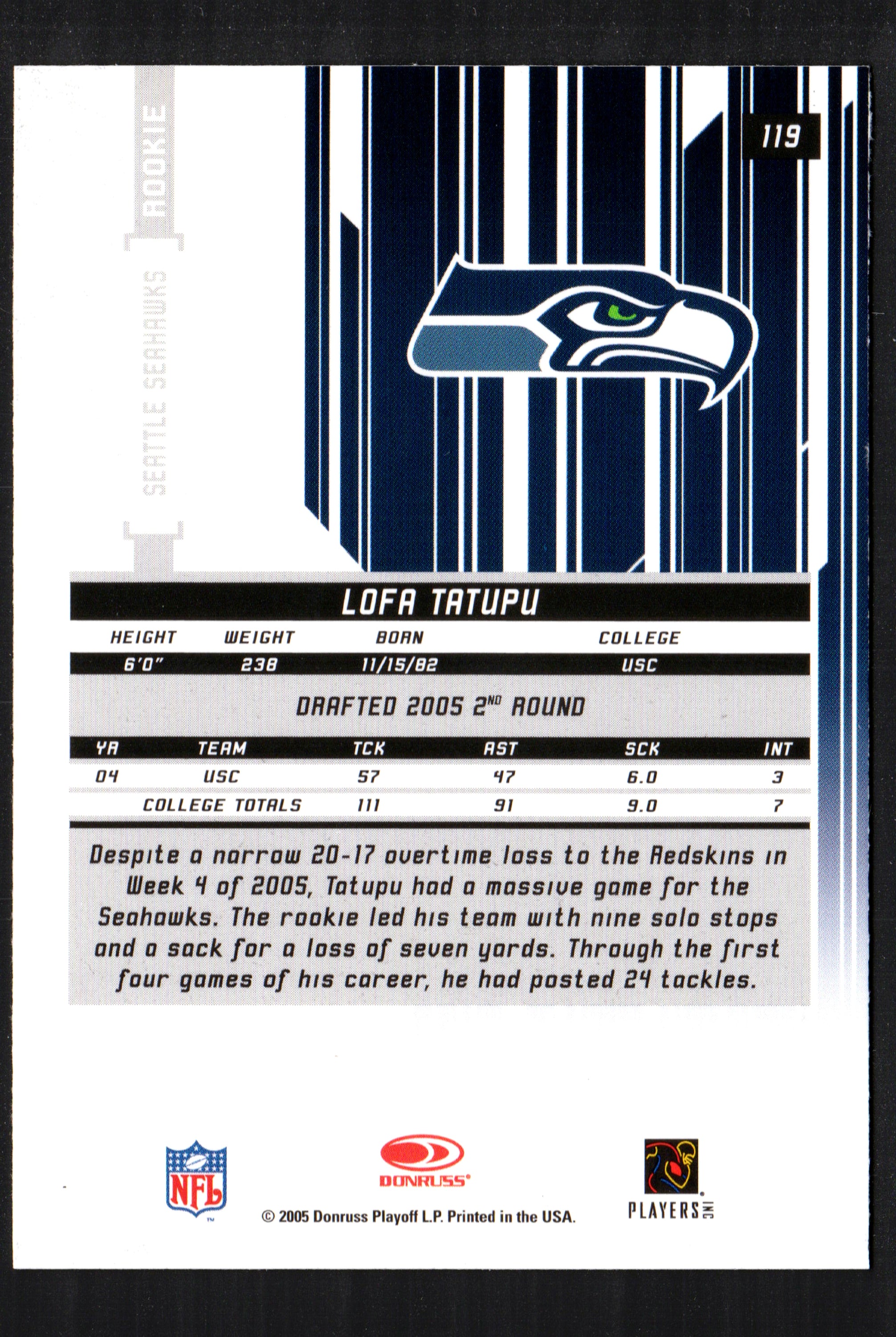 Lofa Tatupu Seattle Seahawks #119 trading card from 2005 Leaf Rookies & Stars, featuring a rookie player in standard size.