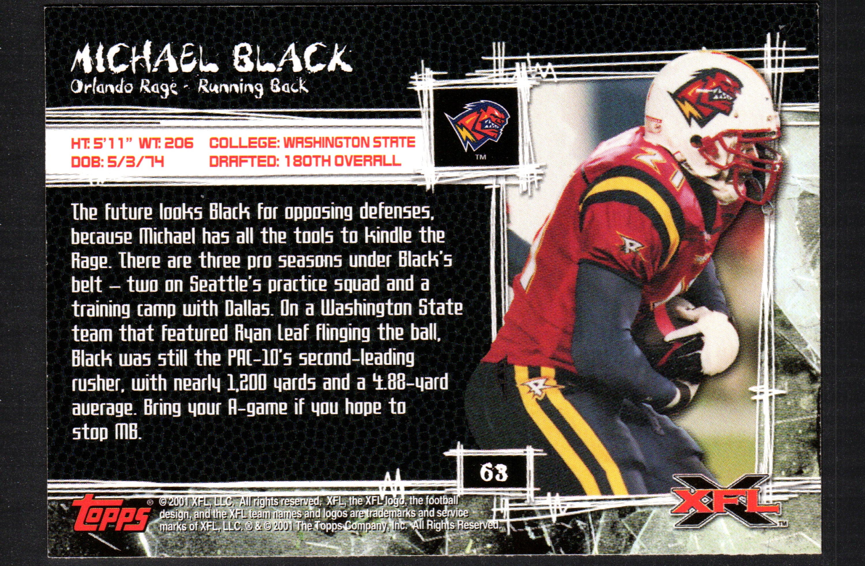 Michael Black Orlando Rage #63 trading card from the 2001 Topps XFL set, featuring vibrant colors and detailed player imagery.