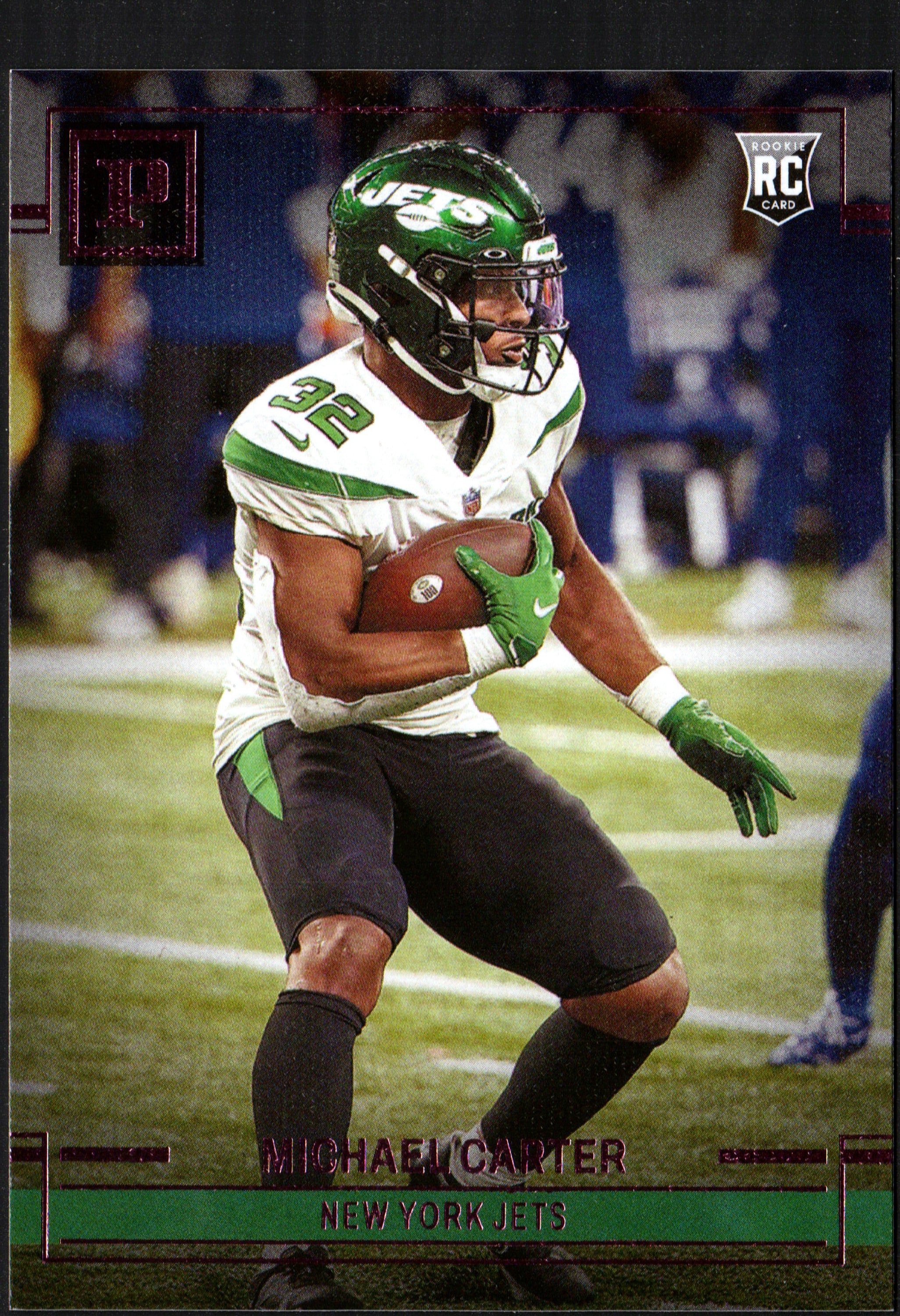 Michael Carter New York Jets #PA-14 trading card featuring a vibrant pink parallel design from the 2021 Panini Chronicles series.