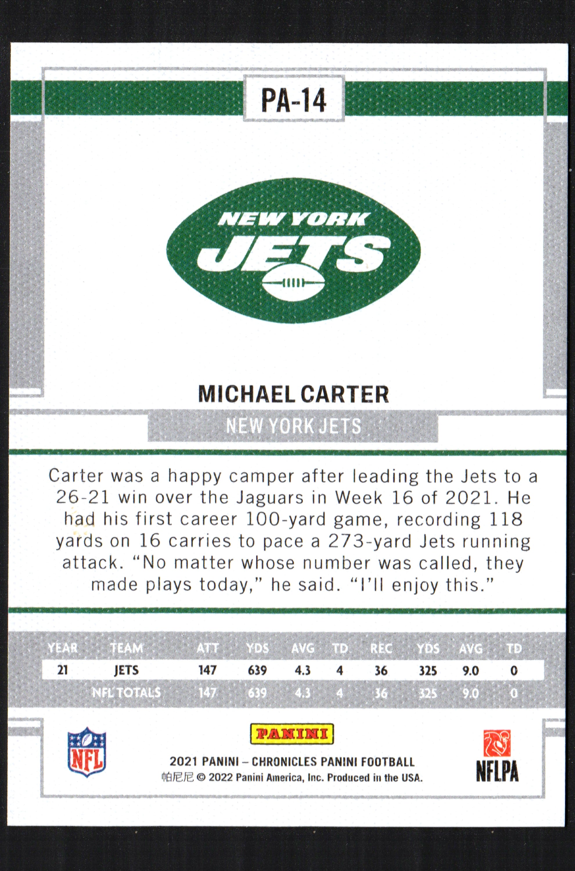 Michael Carter New York Jets #PA-14 trading card featuring a vibrant pink parallel design from the 2021 Panini Chronicles series.