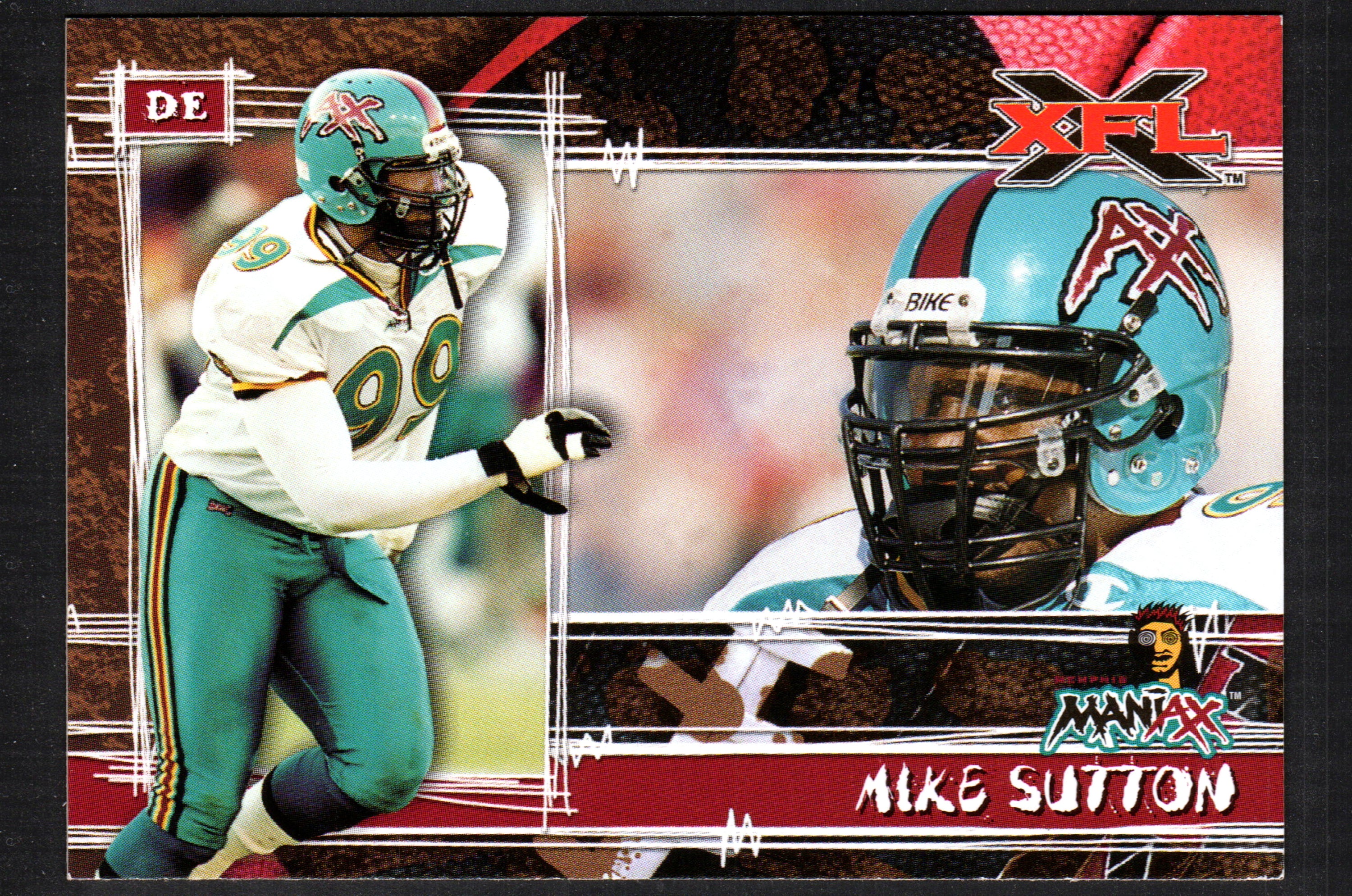 Mike Sutton Memphis Maniax #73 trading card from the 2001 Topps XFL set, featuring vibrant colors and detailed player information.