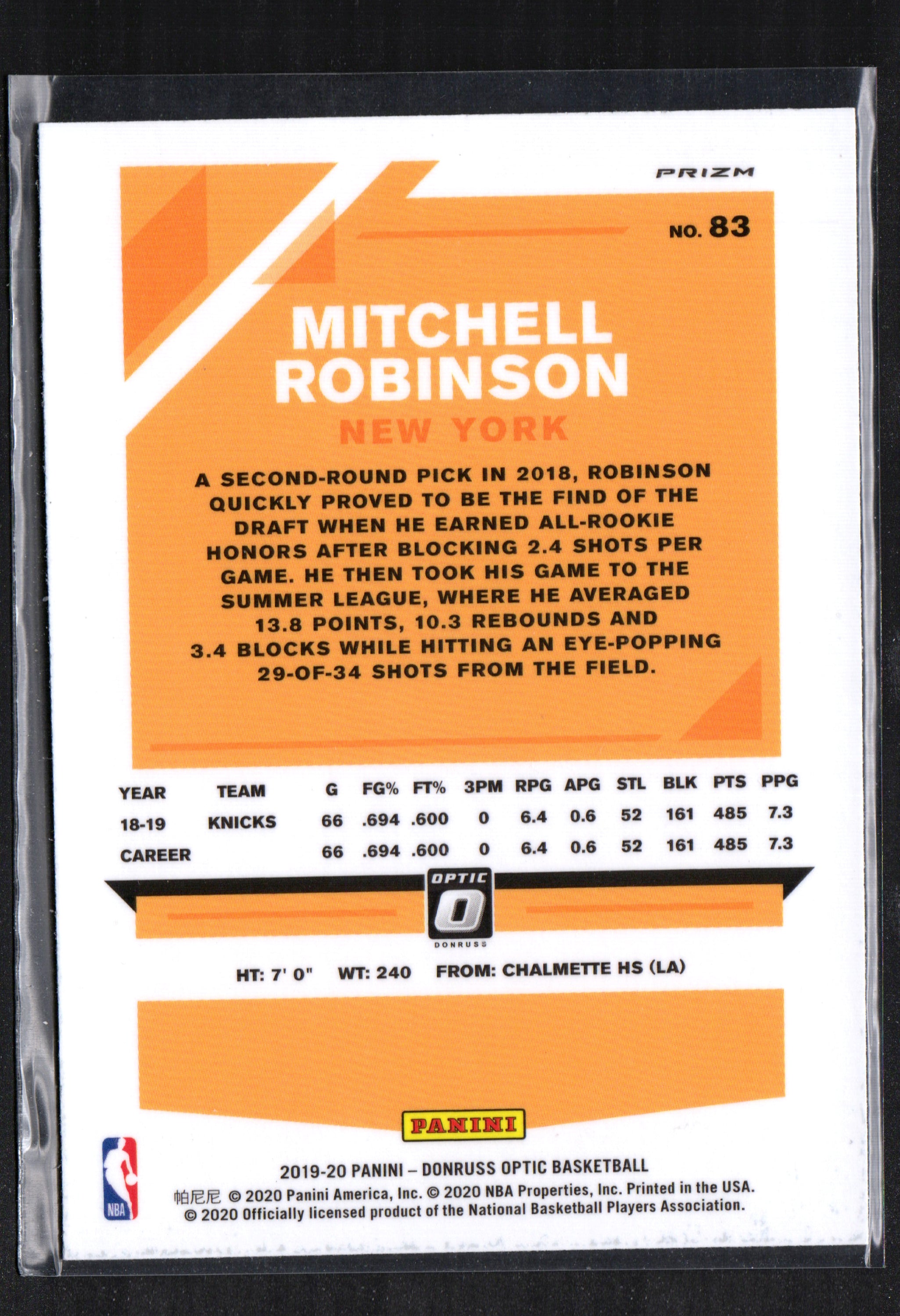 Mitchell Robinson New York Knicks #83 trading card from the 2019-20 Donruss Purple set, showcasing vibrant colors and player details.