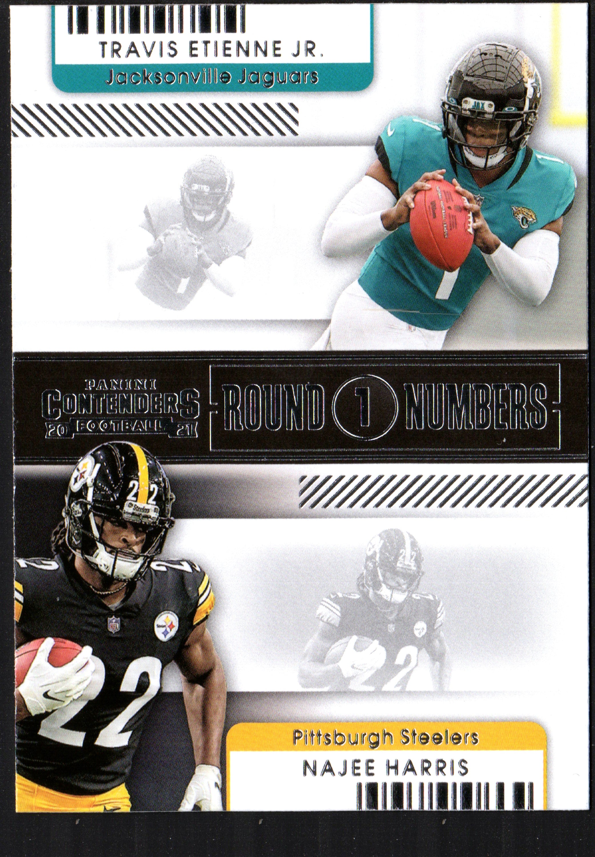 Najee Harris and Travis Etienne Jr. rookie trading card from the 2021 Panini Contenders set, featuring both players in action.
