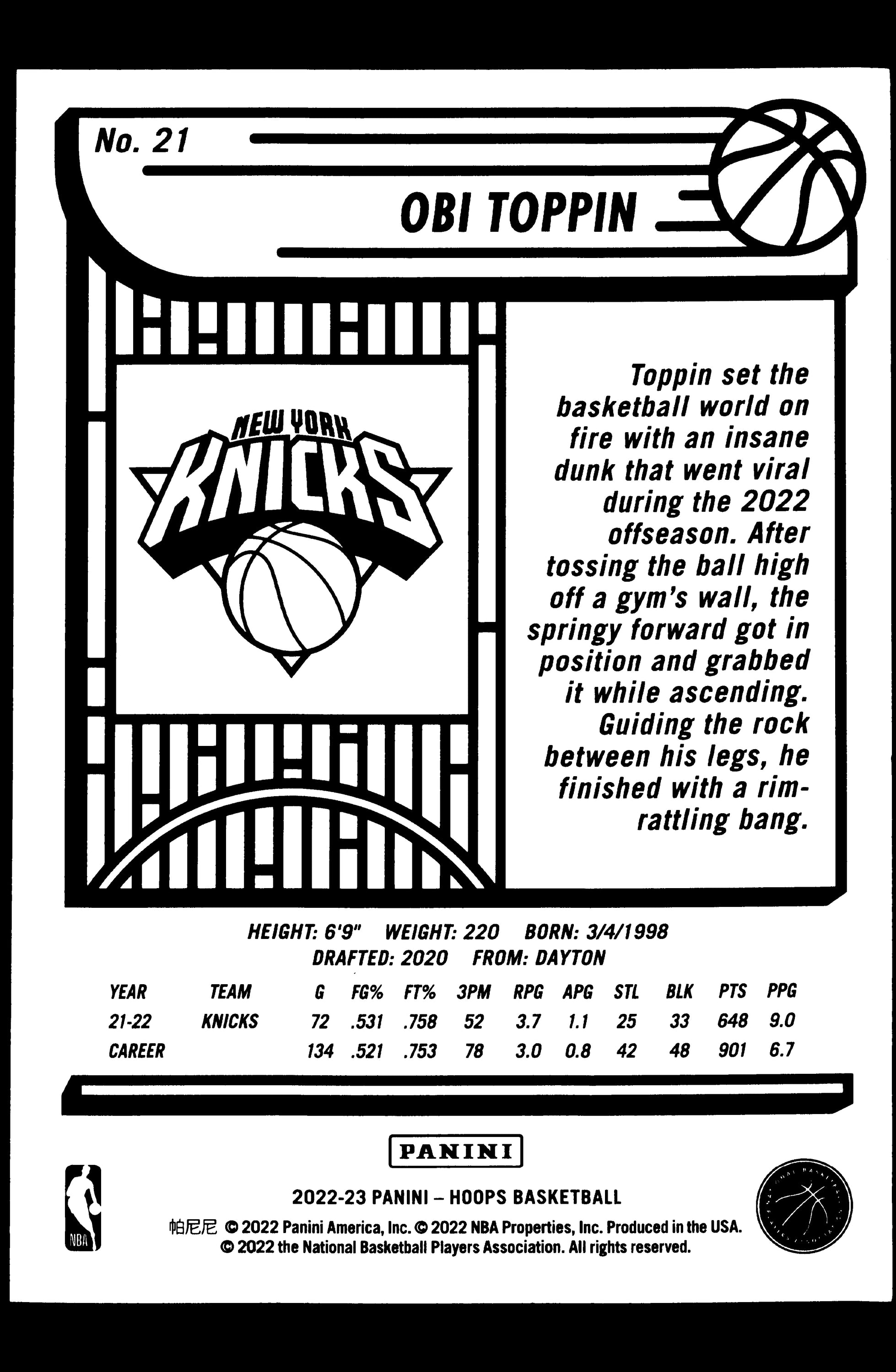 Obi Toppin New York Knicks #21 trading card from the 2022-23 Panini NBA Hoops set, featuring vibrant colors and detailed player information.