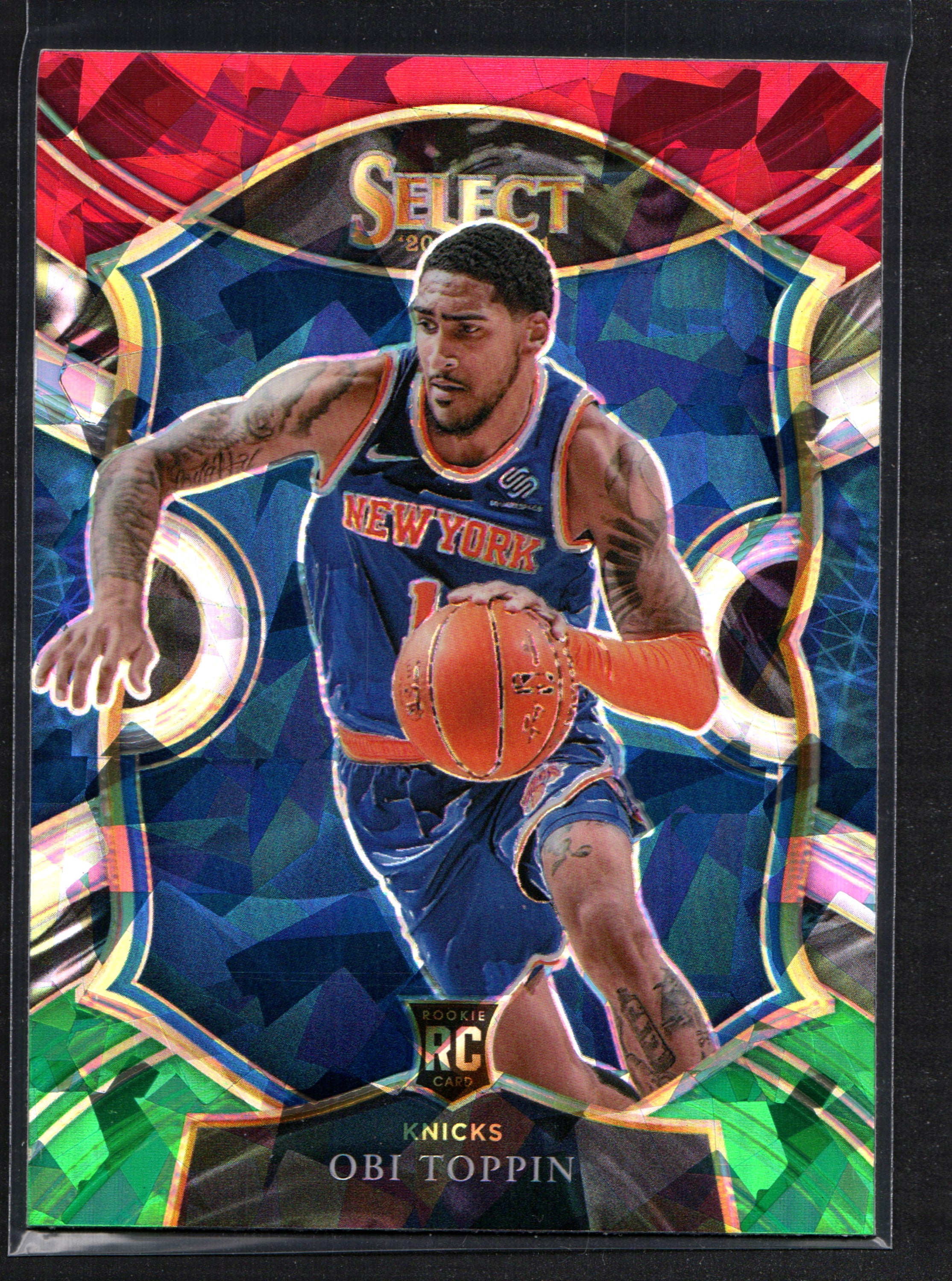 Obi Toppin New York Knicks #68 trading card featuring red, white, and green cracked ice prizm design from the 2020-21 Panini Select set.