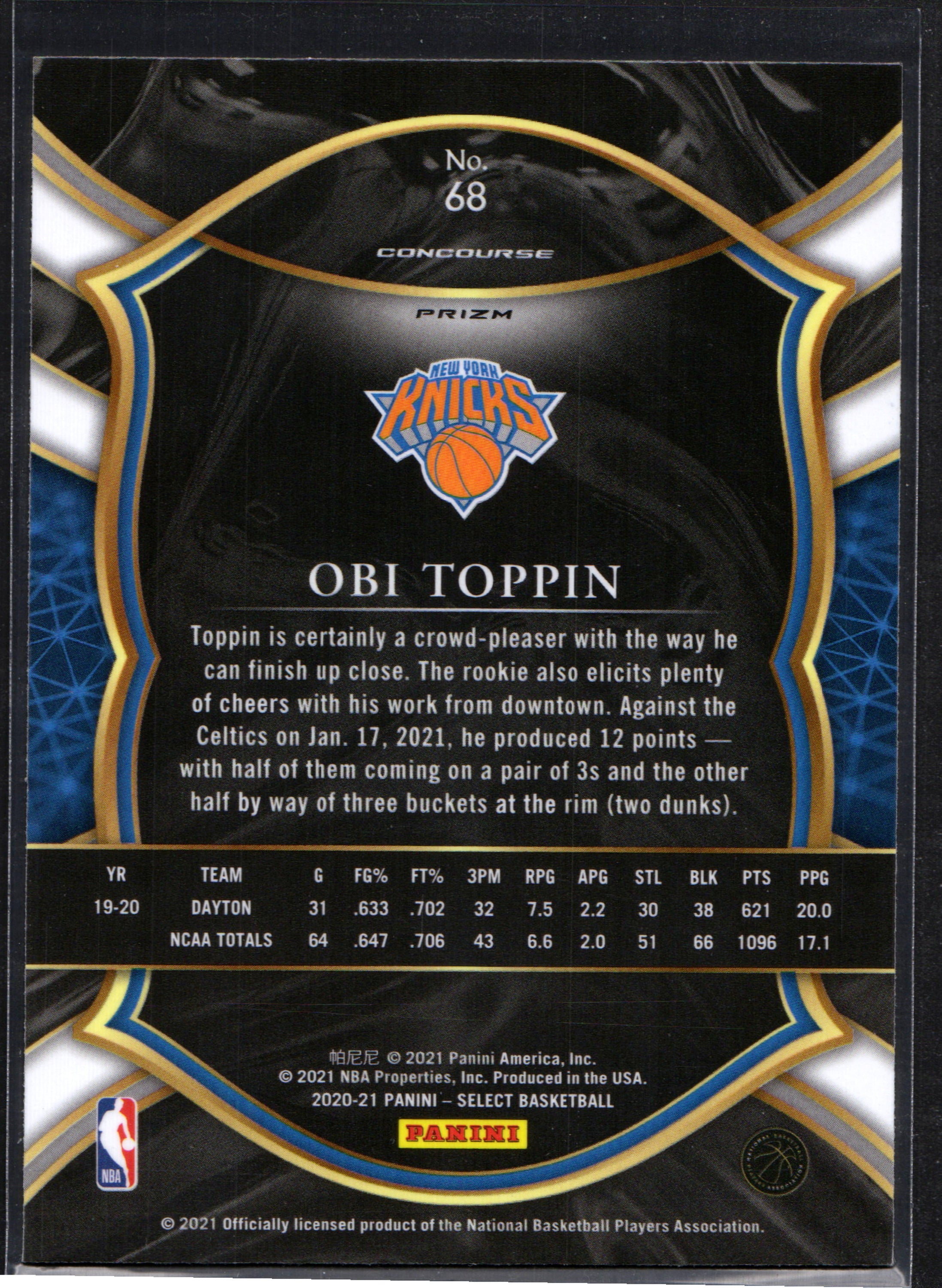 Obi Toppin New York Knicks #68 trading card featuring red, white, and green cracked ice prizm design from the 2020-21 Panini Select set.