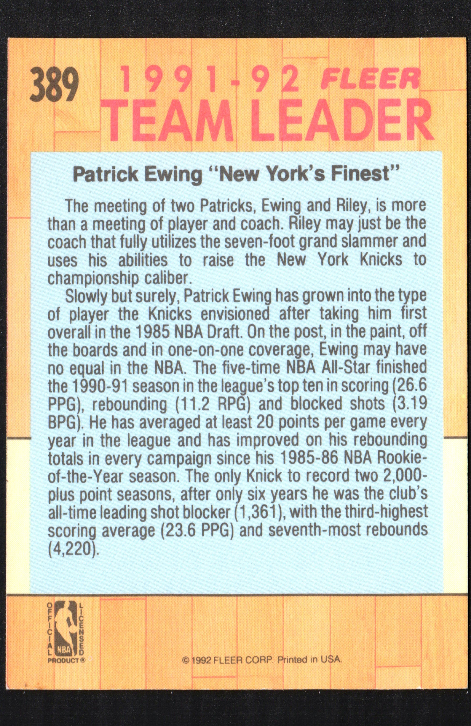 Patrick Ewing New York Knicks #389 trading card from the 1991-92 Fleer set, featuring Ewing in his Knicks uniform.