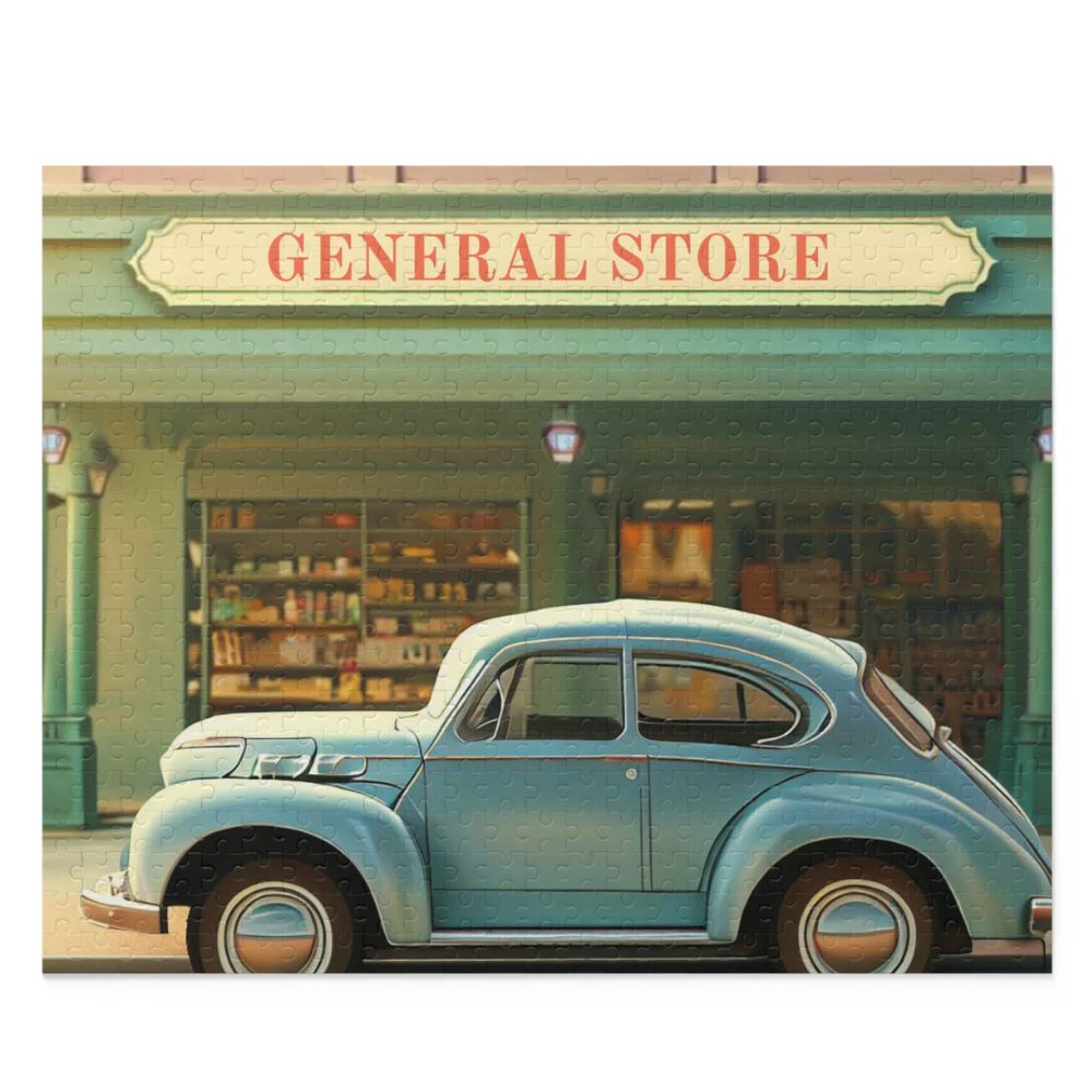 A completed 500-piece jigsaw puzzle featuring a charming retro general store front, showcasing vibrant colors and intricate details.
