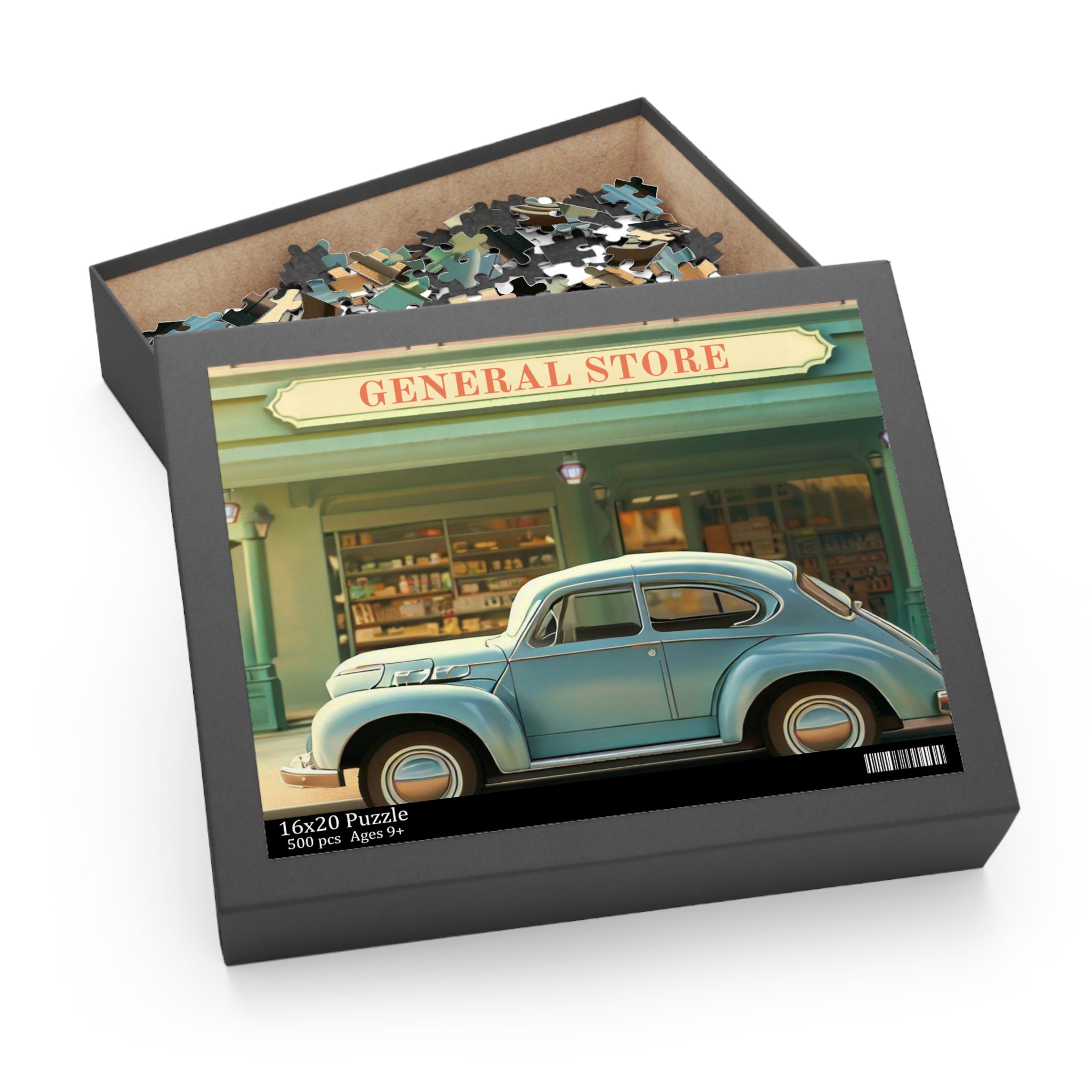 A completed 500-piece jigsaw puzzle featuring a charming retro general store front, showcasing vibrant colors and intricate details.