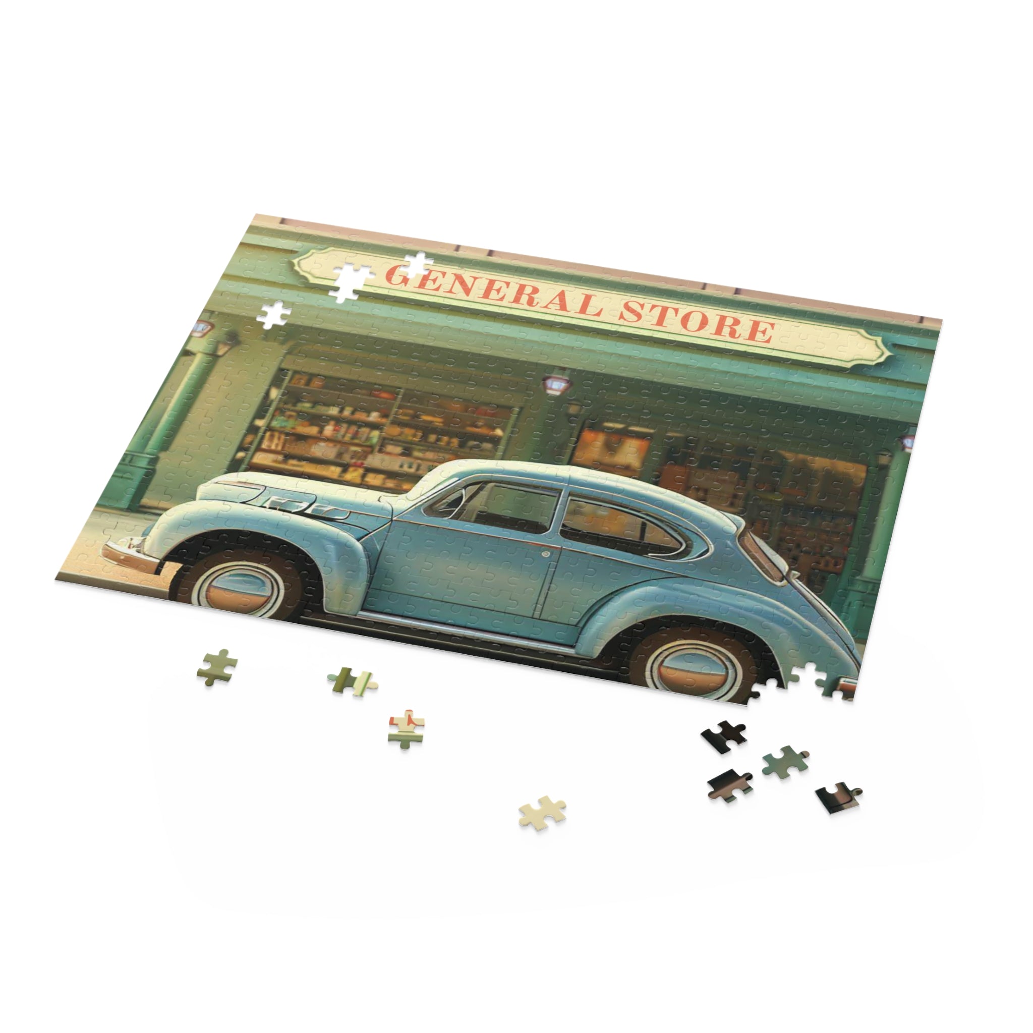 A completed 500-piece jigsaw puzzle featuring a charming retro general store front, showcasing vibrant colors and intricate details.