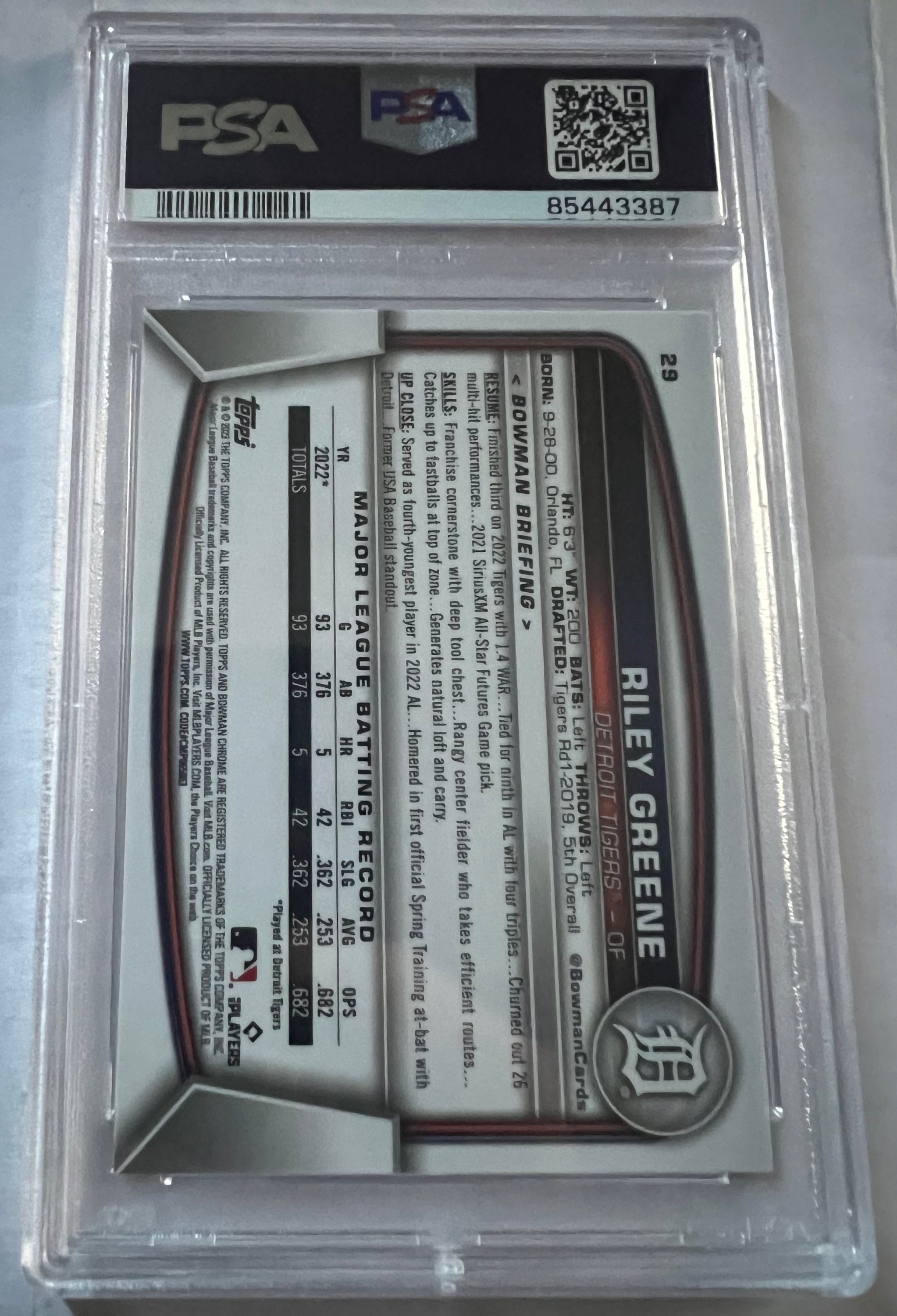 Riley Greene Detroit Tigers #29 trading card from 2023 Bowman Chrome, rated PSA 8, showcasing vibrant colors and player details.