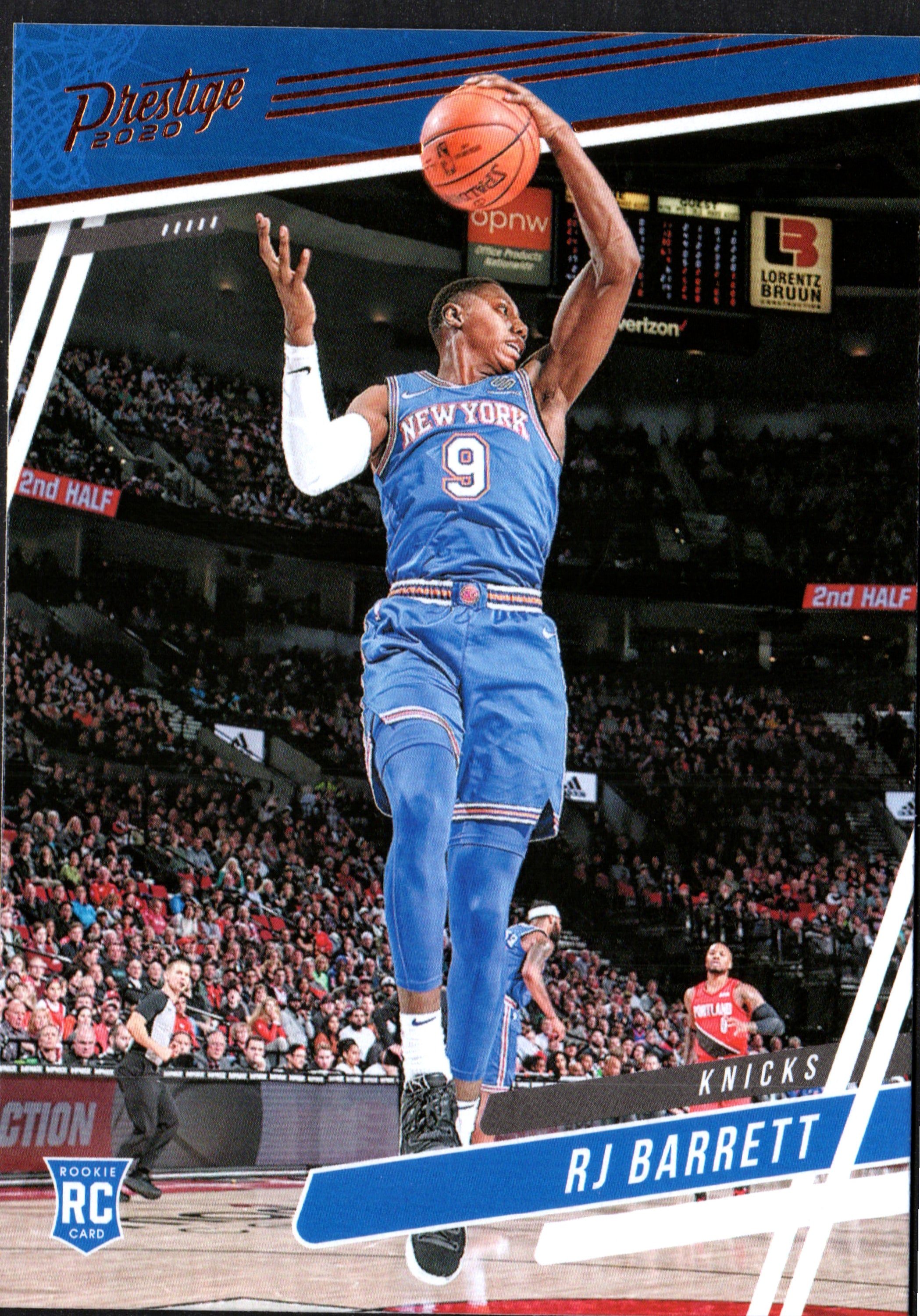 RJ Barrett New York Knicks #68 trading card from the 2019-20 Panini Prestige Bronze set, showcasing Barrett in his Knicks uniform.