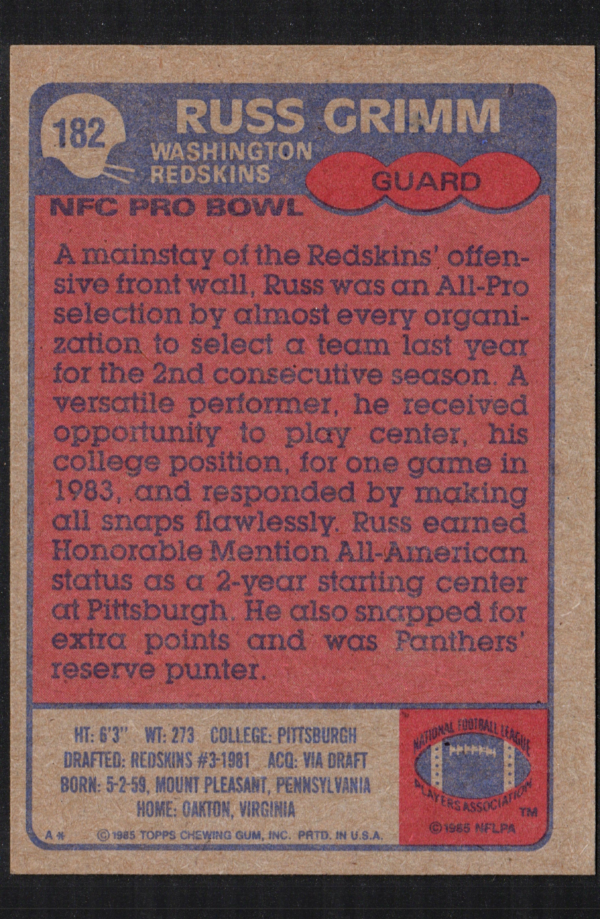 1985 Topps trading card featuring Russ Grimm of the Washington Redskins, showcasing his image and card details.
