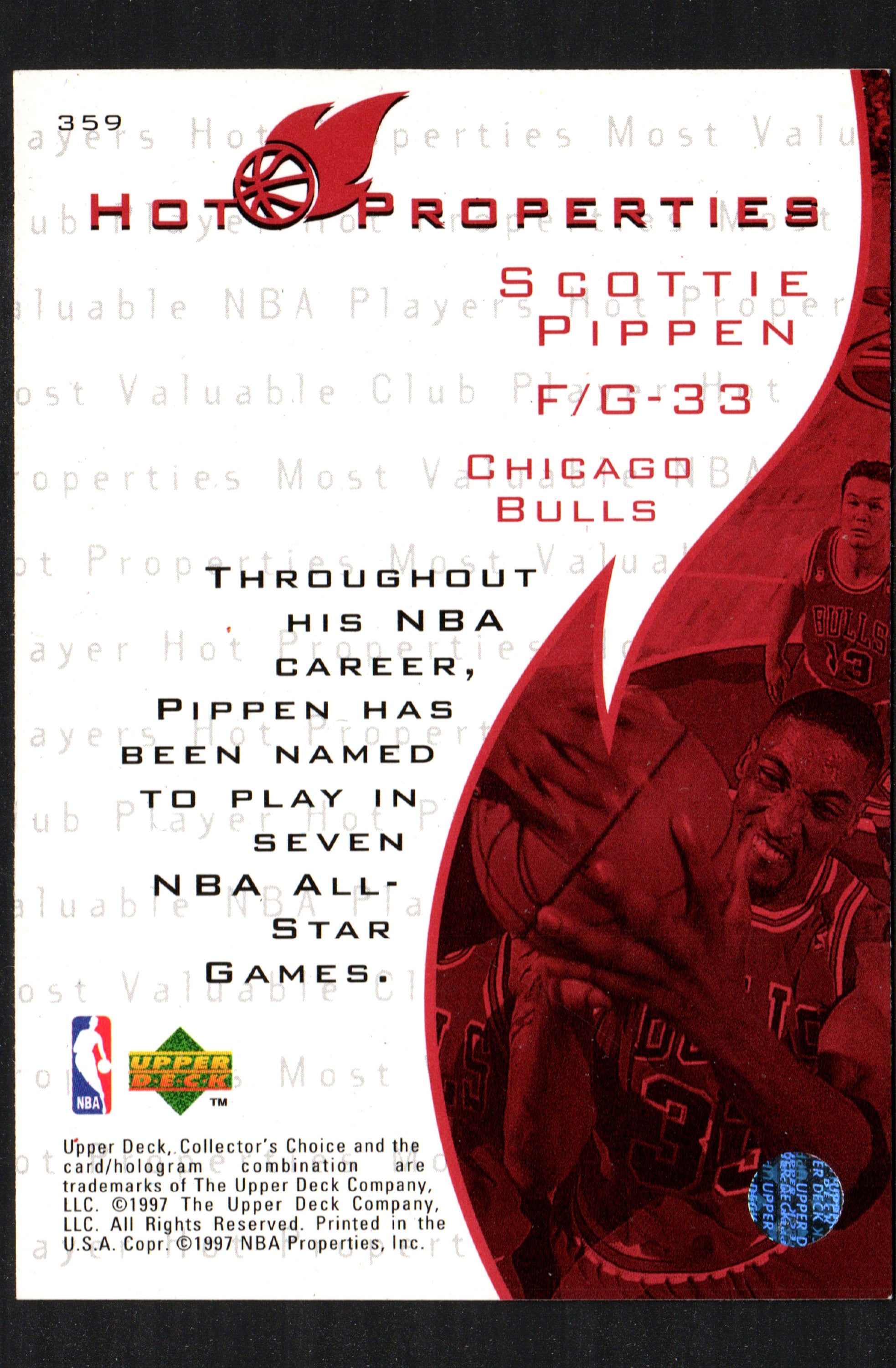 Scottie Pippen Chicago Bulls #359 trading card from 1997-98 Upper Deck, featuring Pippen in his Bulls uniform.
