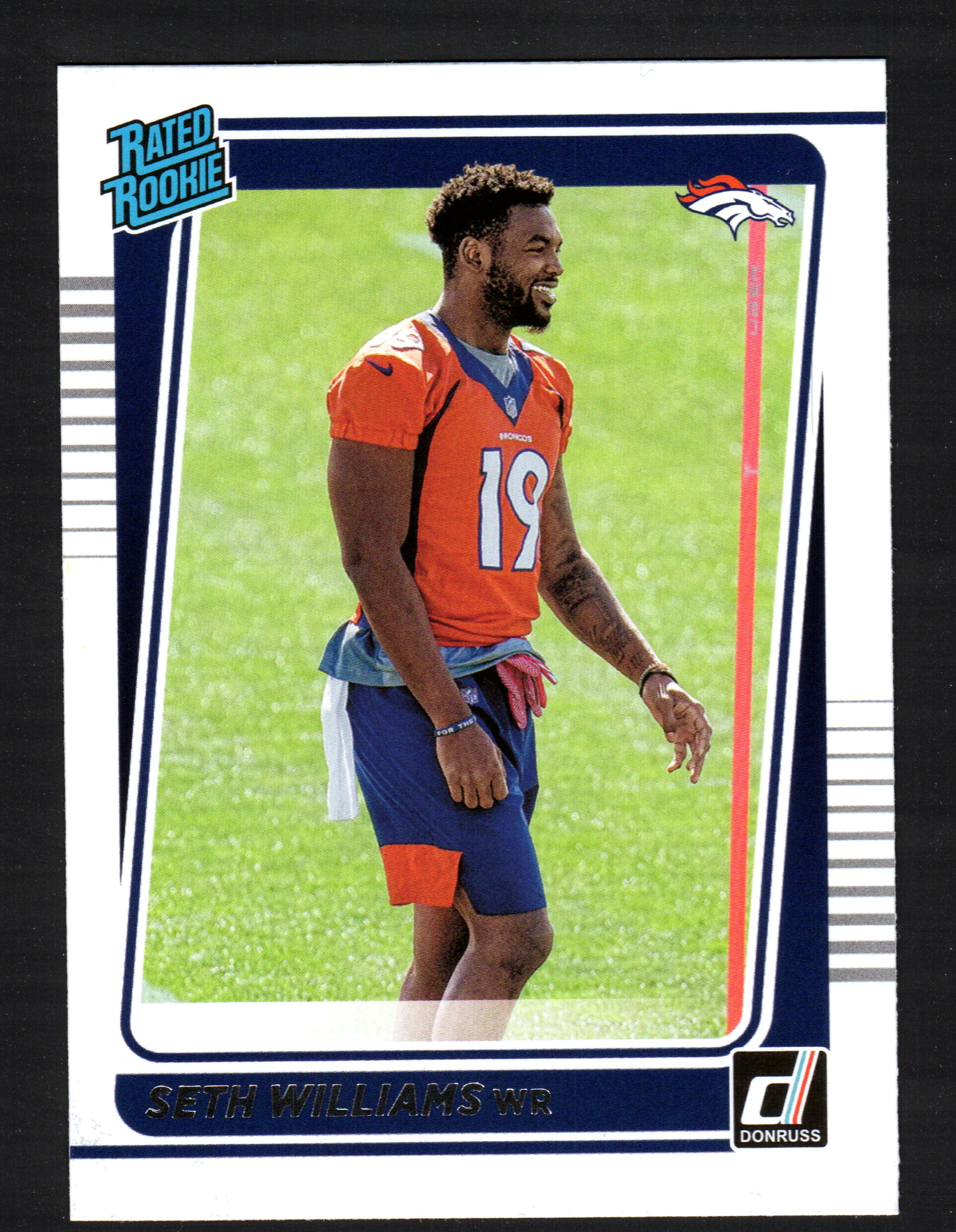 Seth Williams Denver Broncos #299 trading card from 2021 Donruss, featuring player in NFL uniform with stats on the back.
