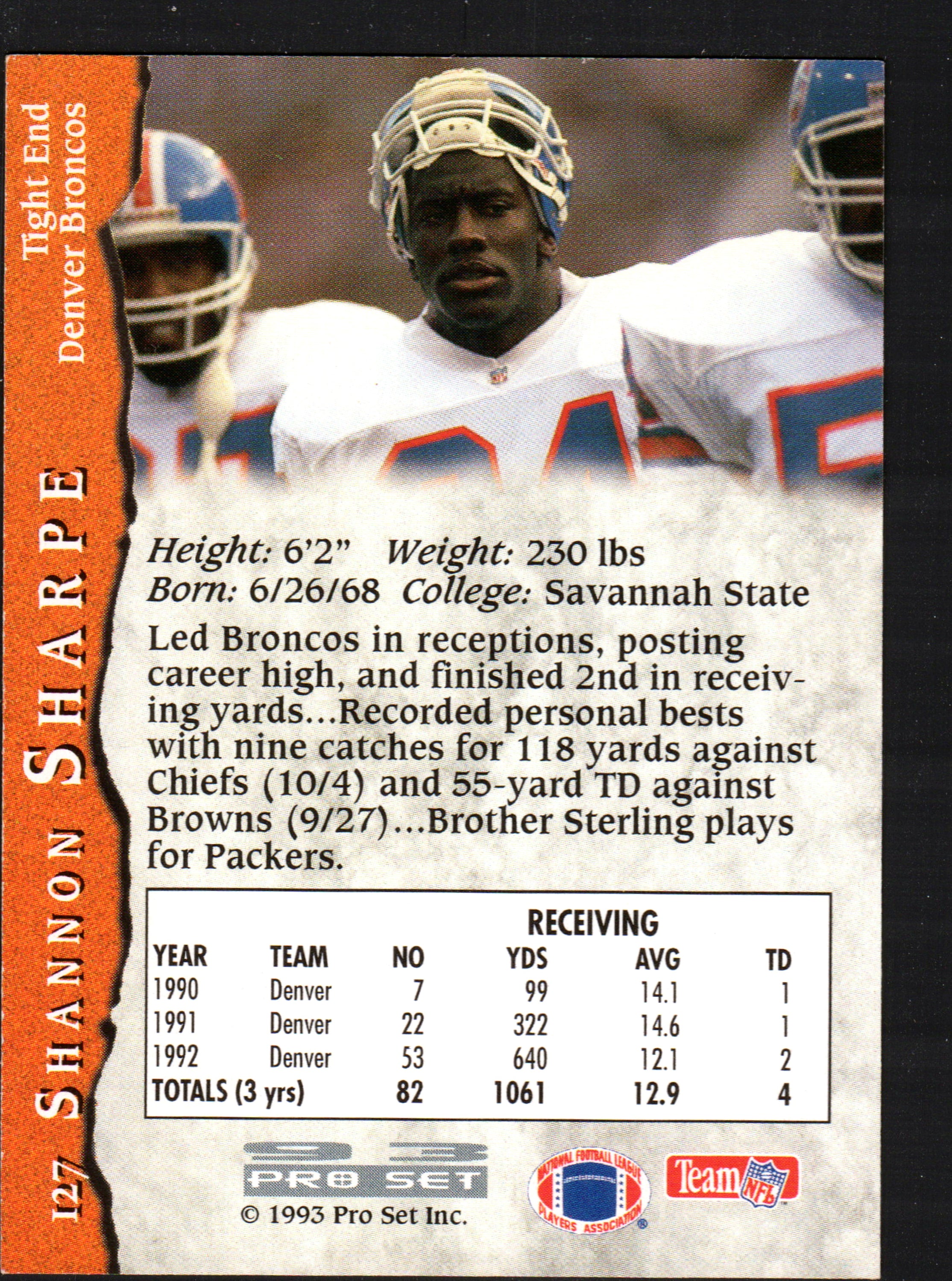 1993 Pro Set trading card featuring Shannon Sharpe of the Denver Broncos, showcasing his iconic pose and team colors.