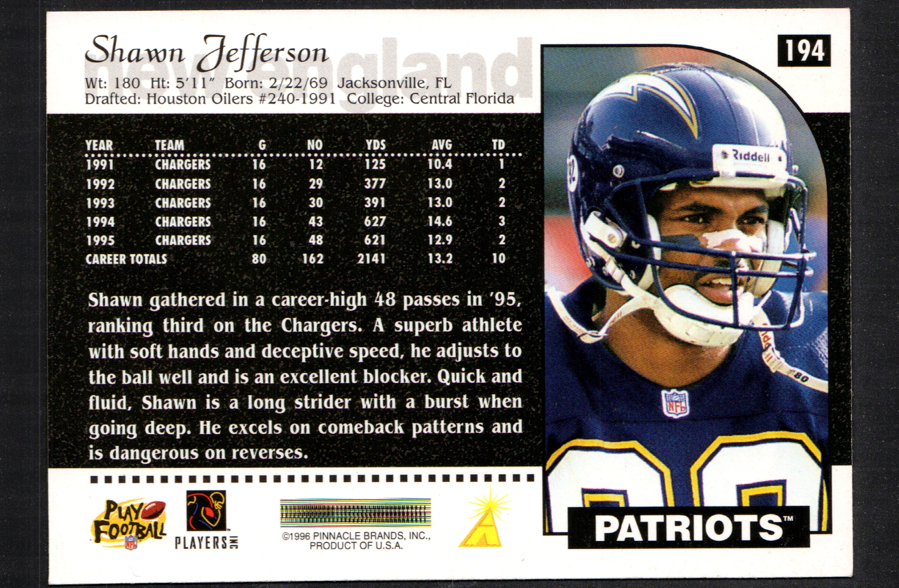 Shawn Jefferson New England Patriots #194 trading card from the 1996 Score set, featuring vibrant colors and detailed player image.