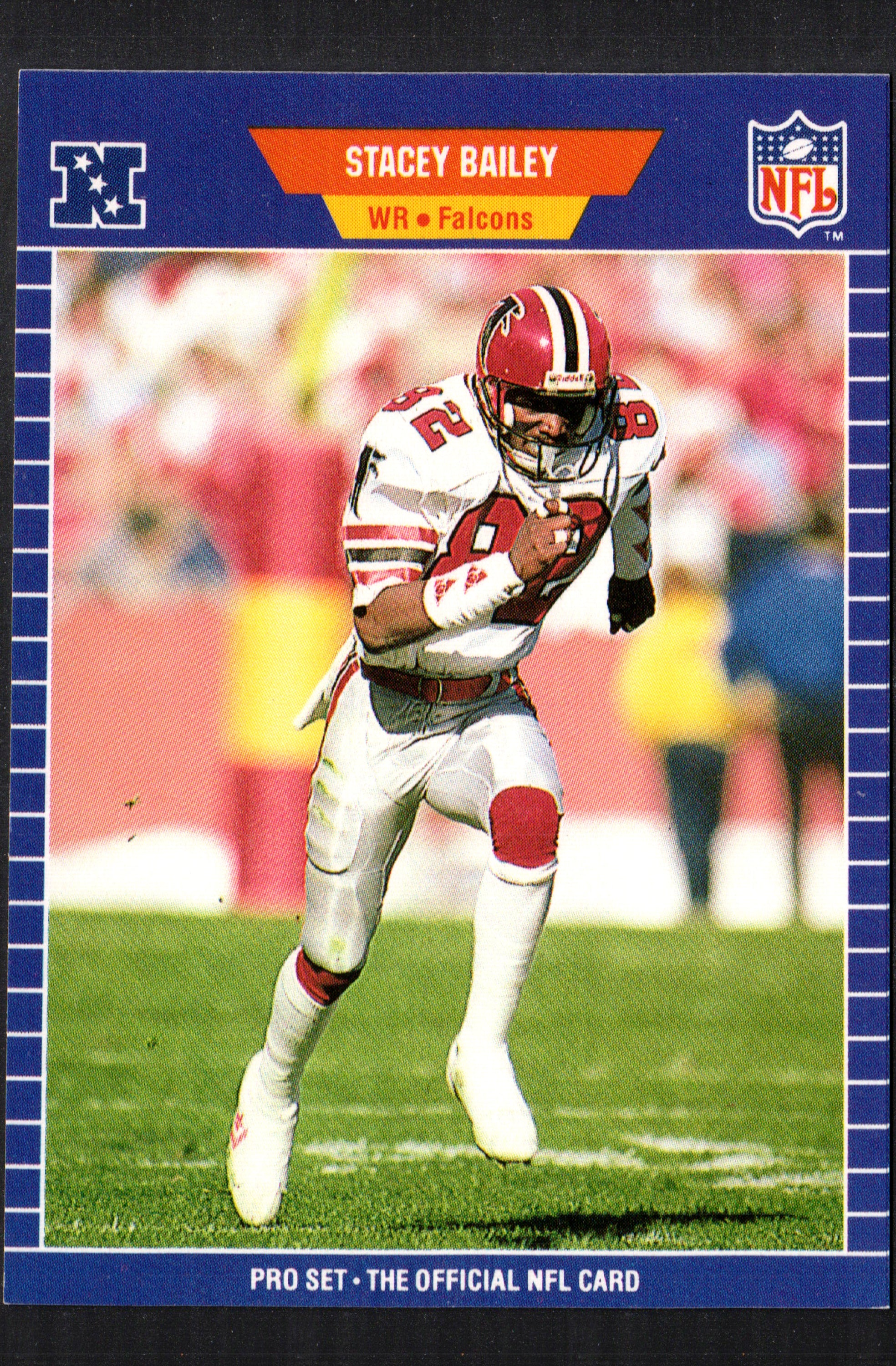 Stacey Bailey Atlanta Falcons #1 trading card from 1989 Pro Set, showcasing vibrant colors and detailed player information.