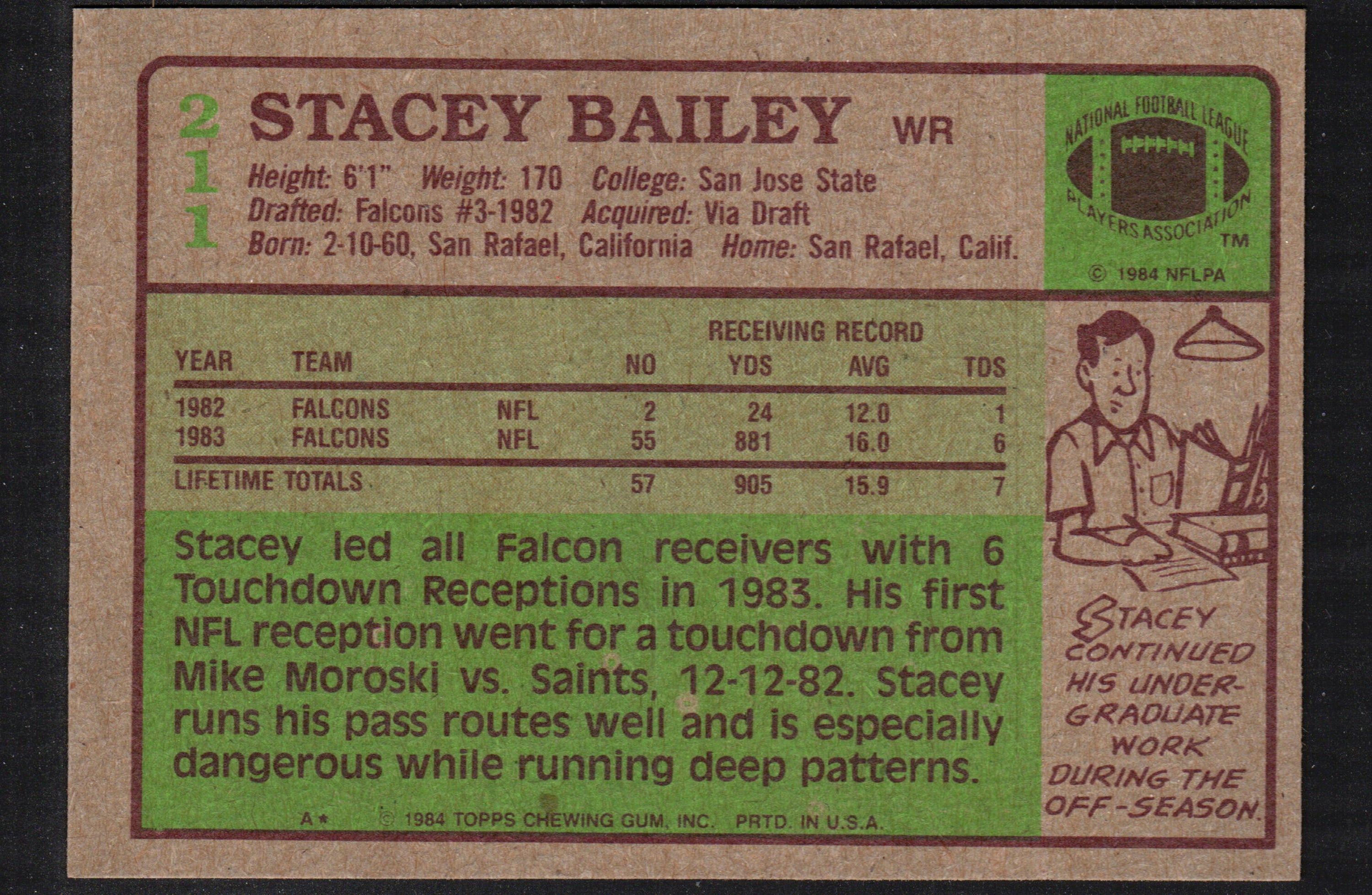 1984 Topps Stacey Bailey trading card featuring Atlanta Falcons rookie player, card number 211.