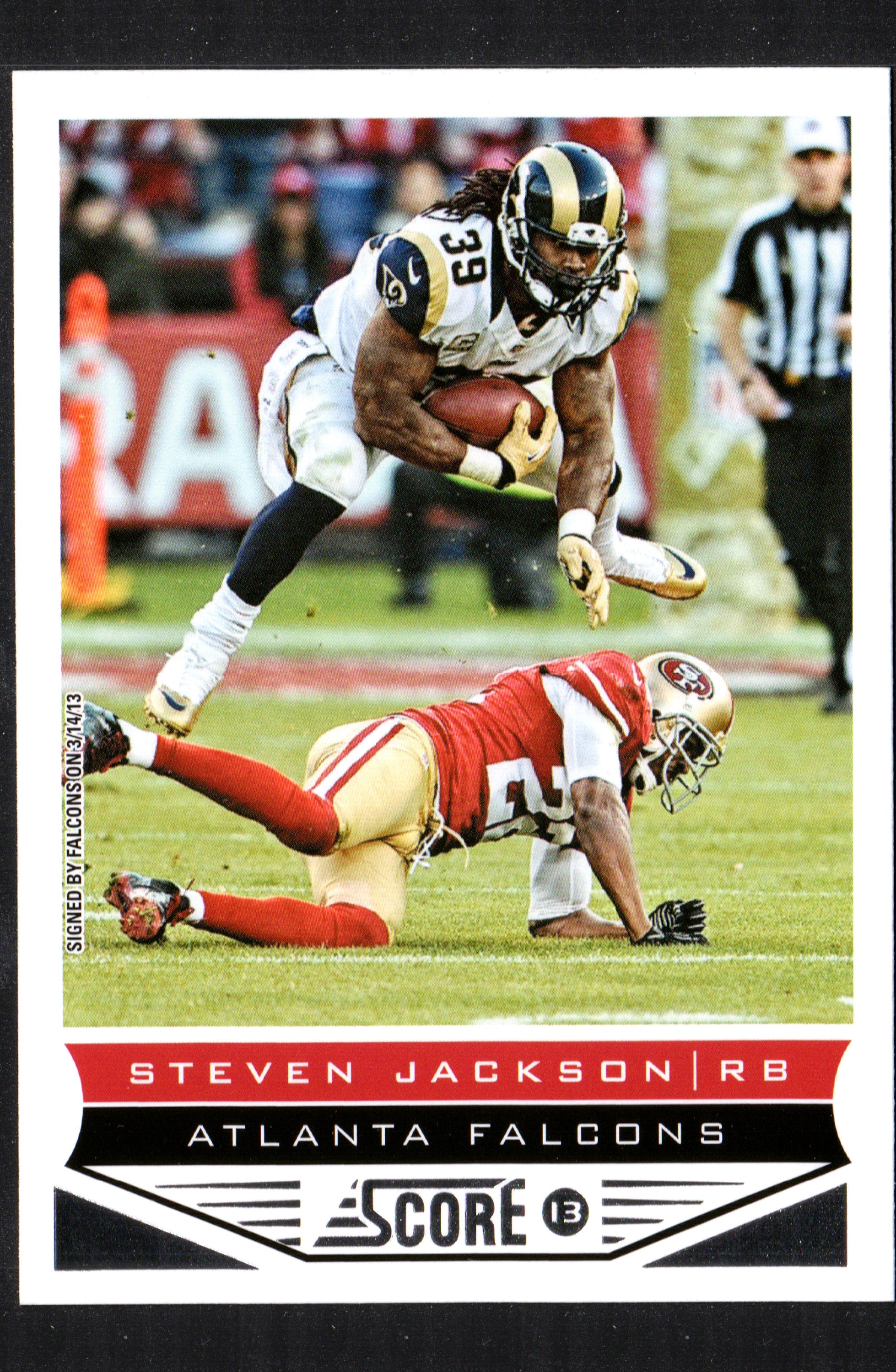 2013 Panini Score trading card featuring Steven Jackson in Atlanta Falcons uniform, numbered 10, standard size.