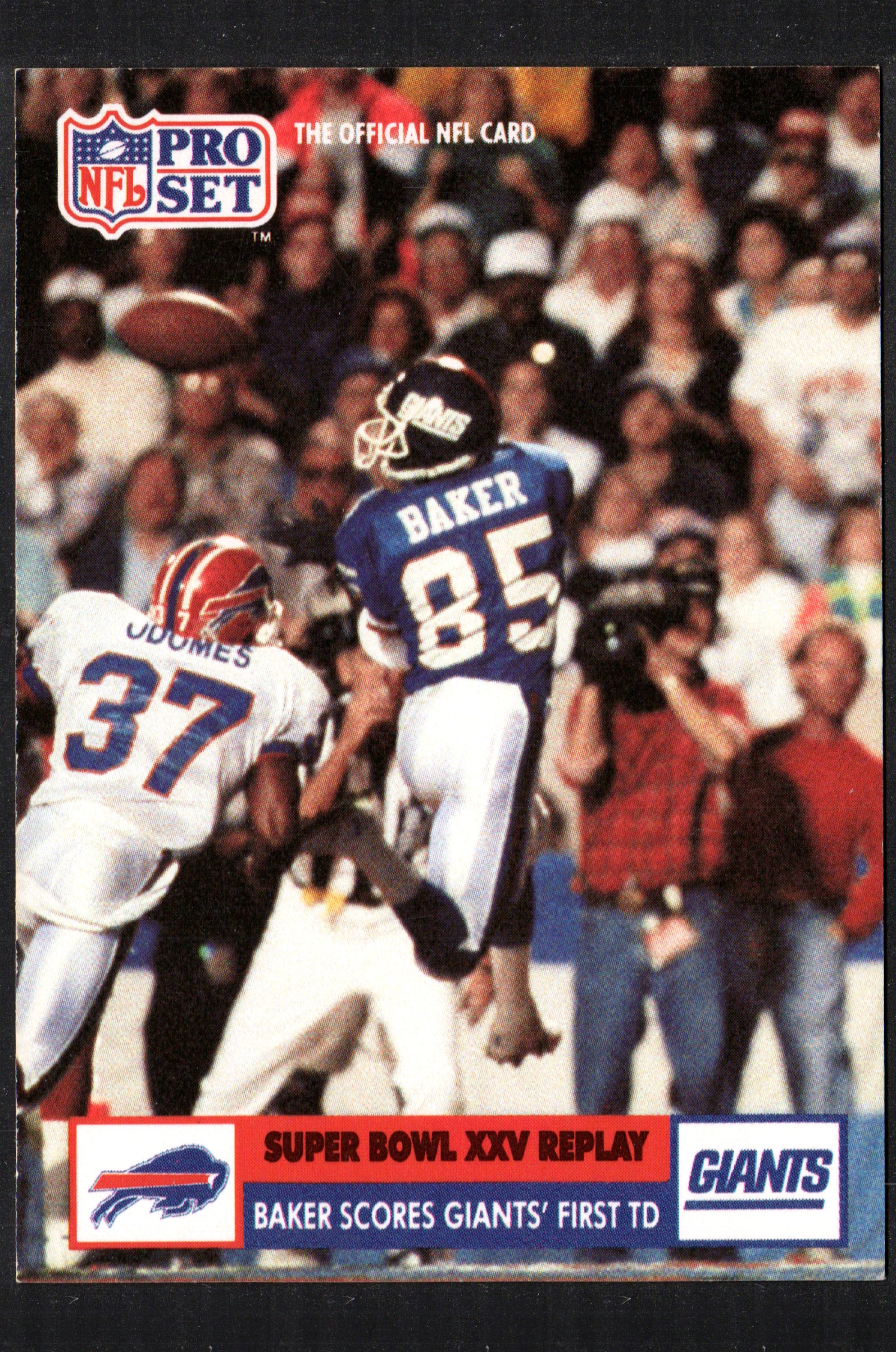 1991 Pro Set trading card featuring Stephen Baker of the New York Giants against the Buffalo Bills in Super Bowl XXV.