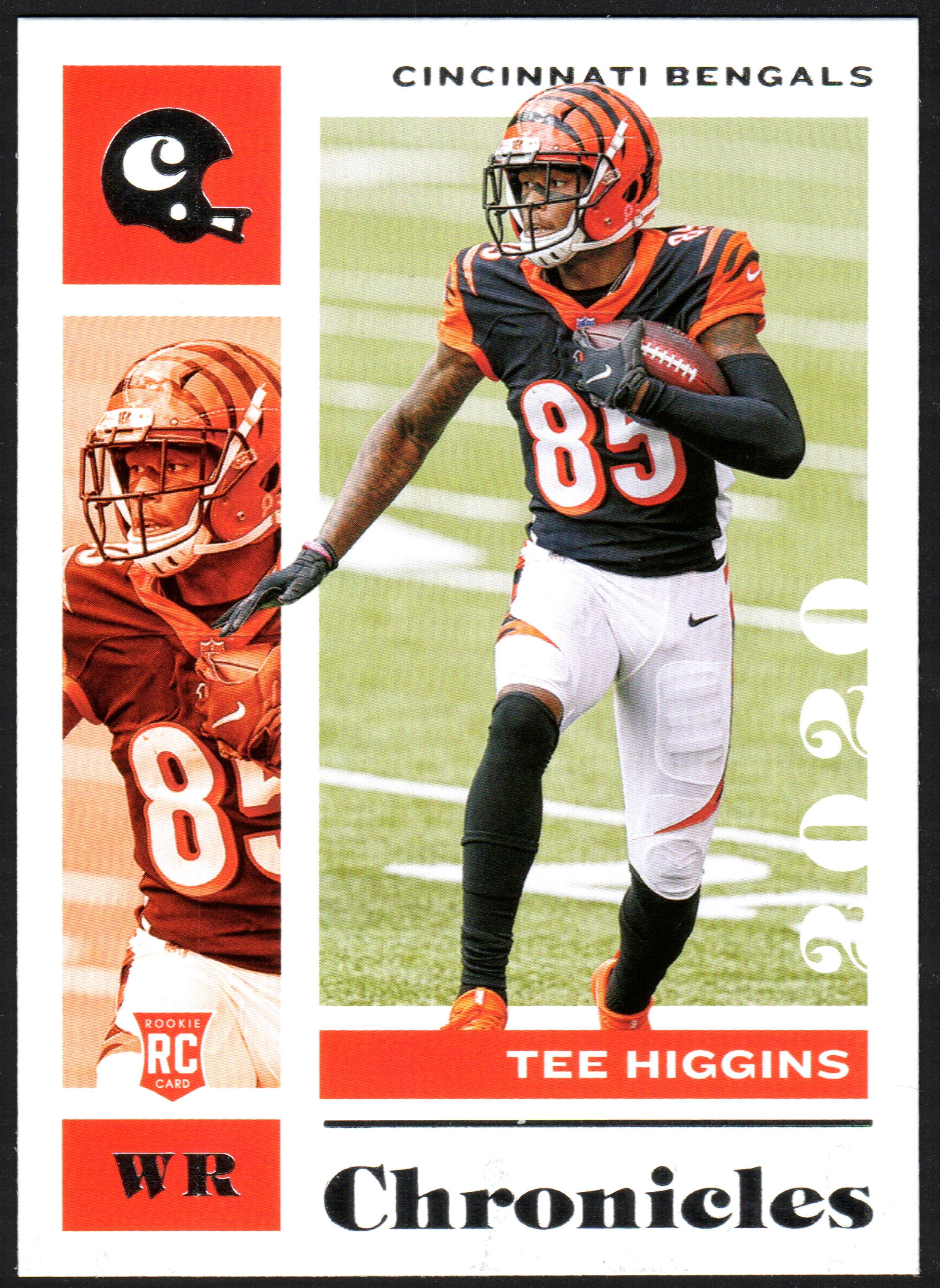 Tee Higgins Cincinnati Bengals #21 trading card from 2020 Panini Chronicles set, featuring rookie player Tee Higgins.