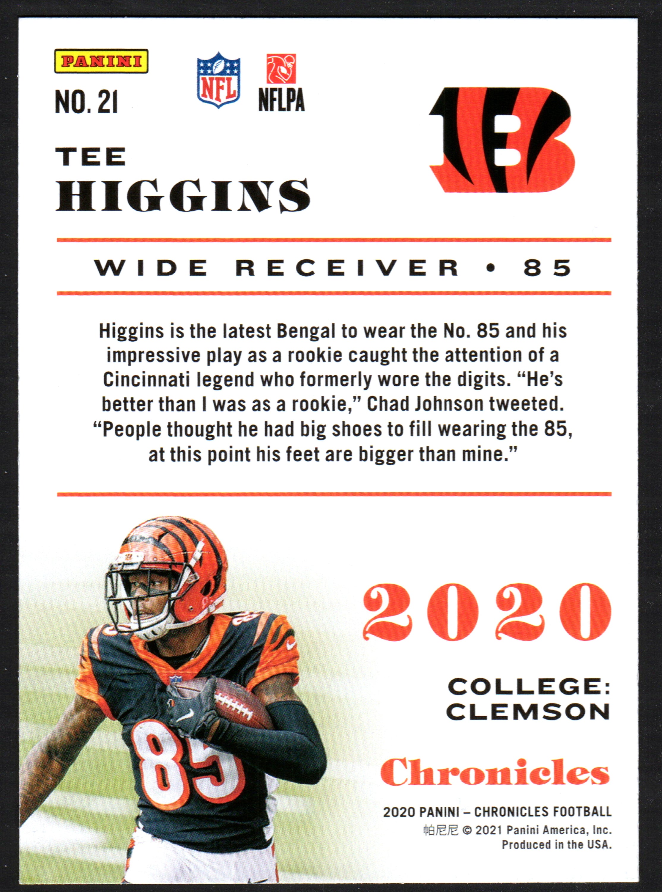 Tee Higgins Cincinnati Bengals #21 trading card from 2020 Panini Chronicles set, featuring rookie player Tee Higgins.