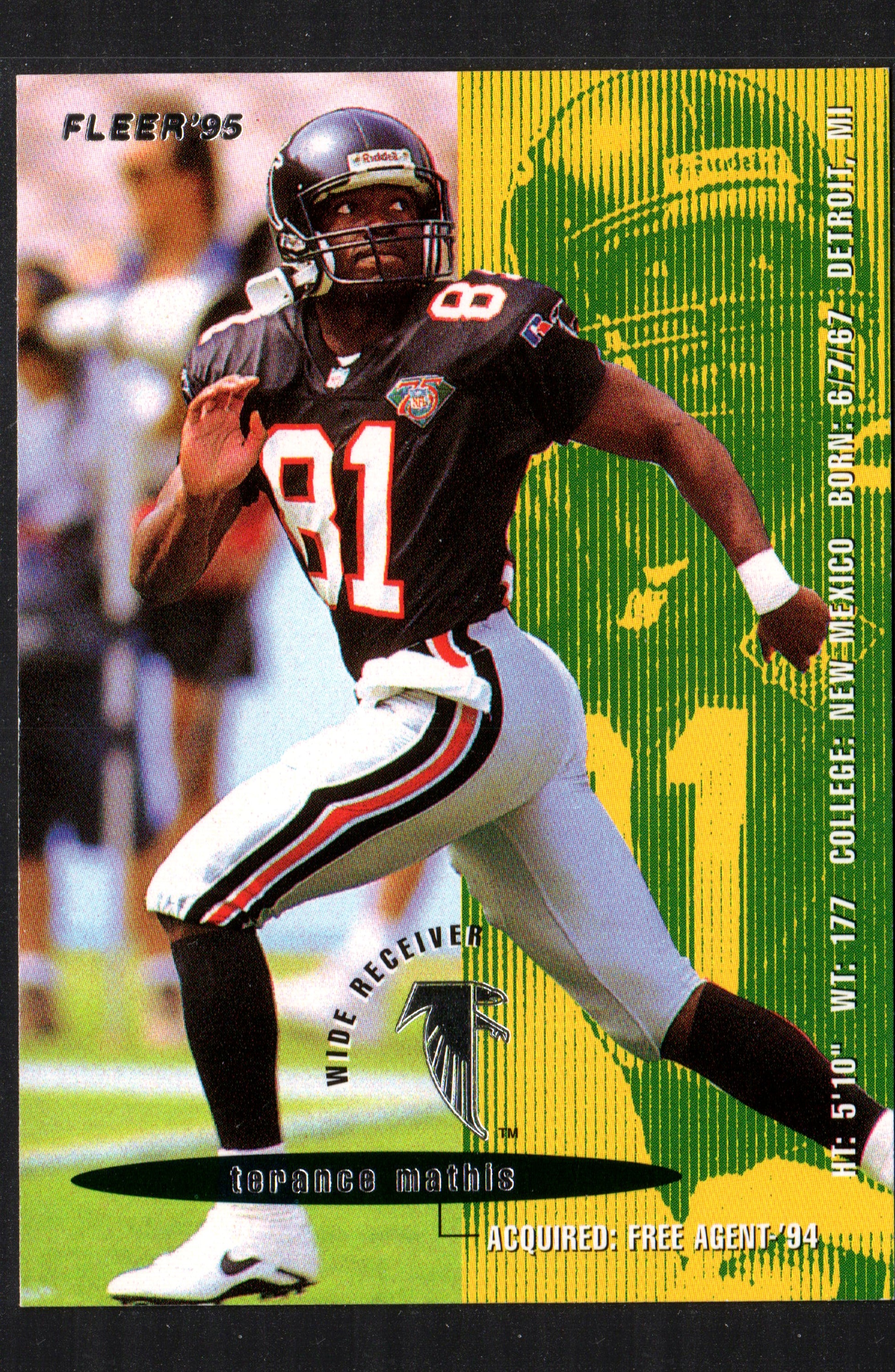 1995 Fleer Terance Mathis trading card featuring the Atlanta Falcons wide receiver in action.
