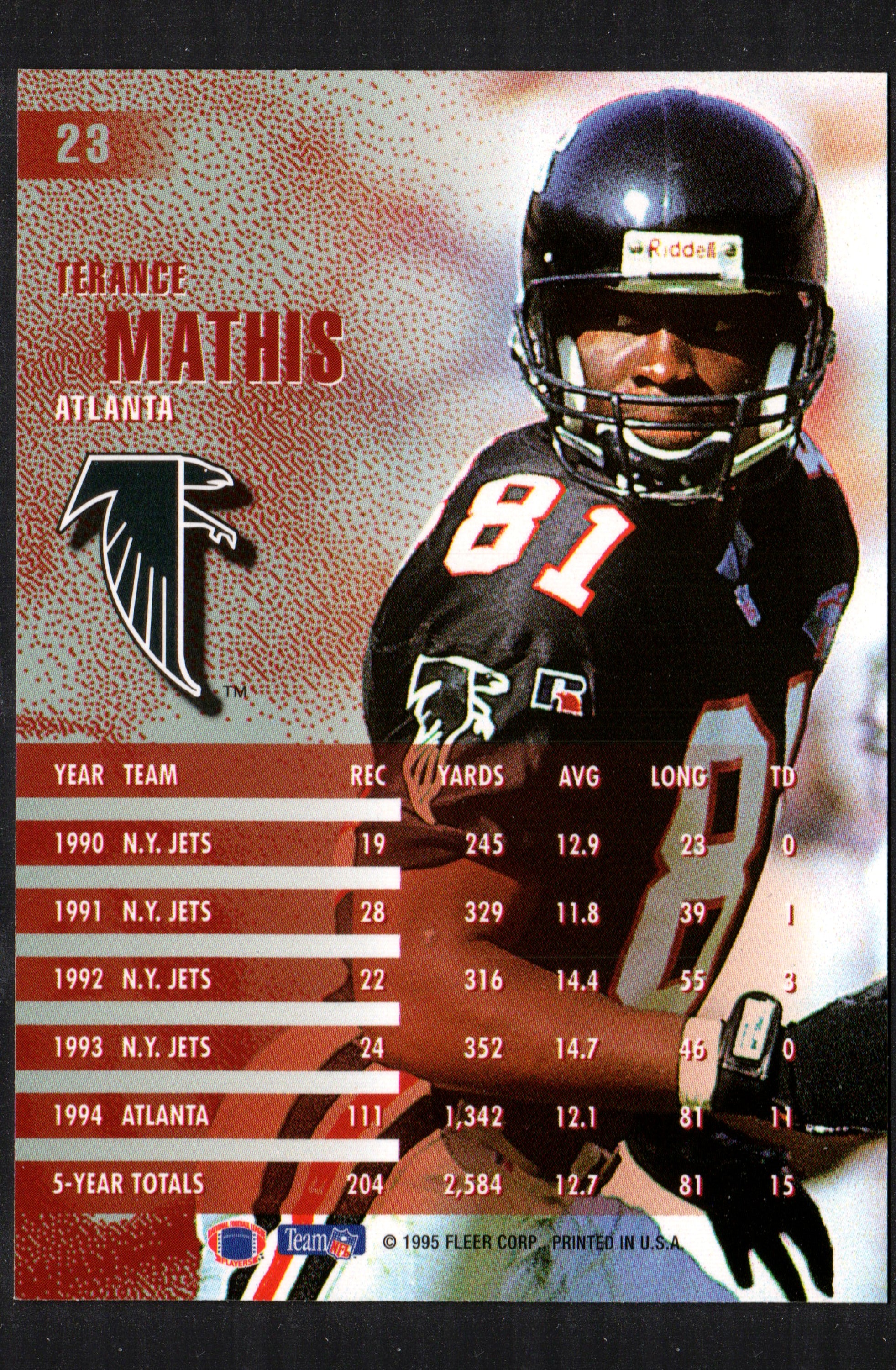 1995 Fleer Terance Mathis trading card featuring the Atlanta Falcons wide receiver in action.