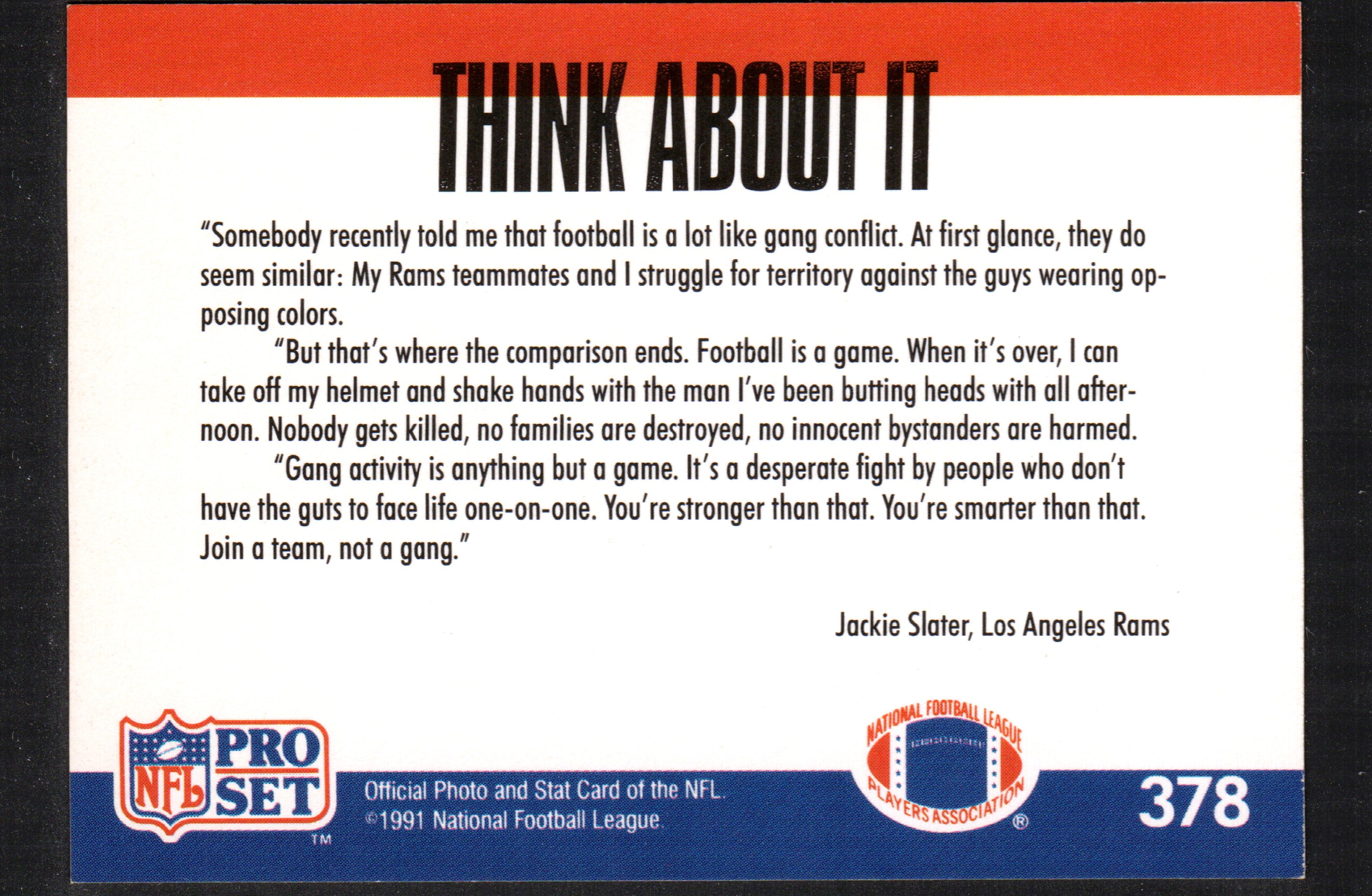 1991 Pro Set trading card featuring Jackie Slater of the Los Angeles Rams, card number 378, showcasing vibrant colors and detailed player image.