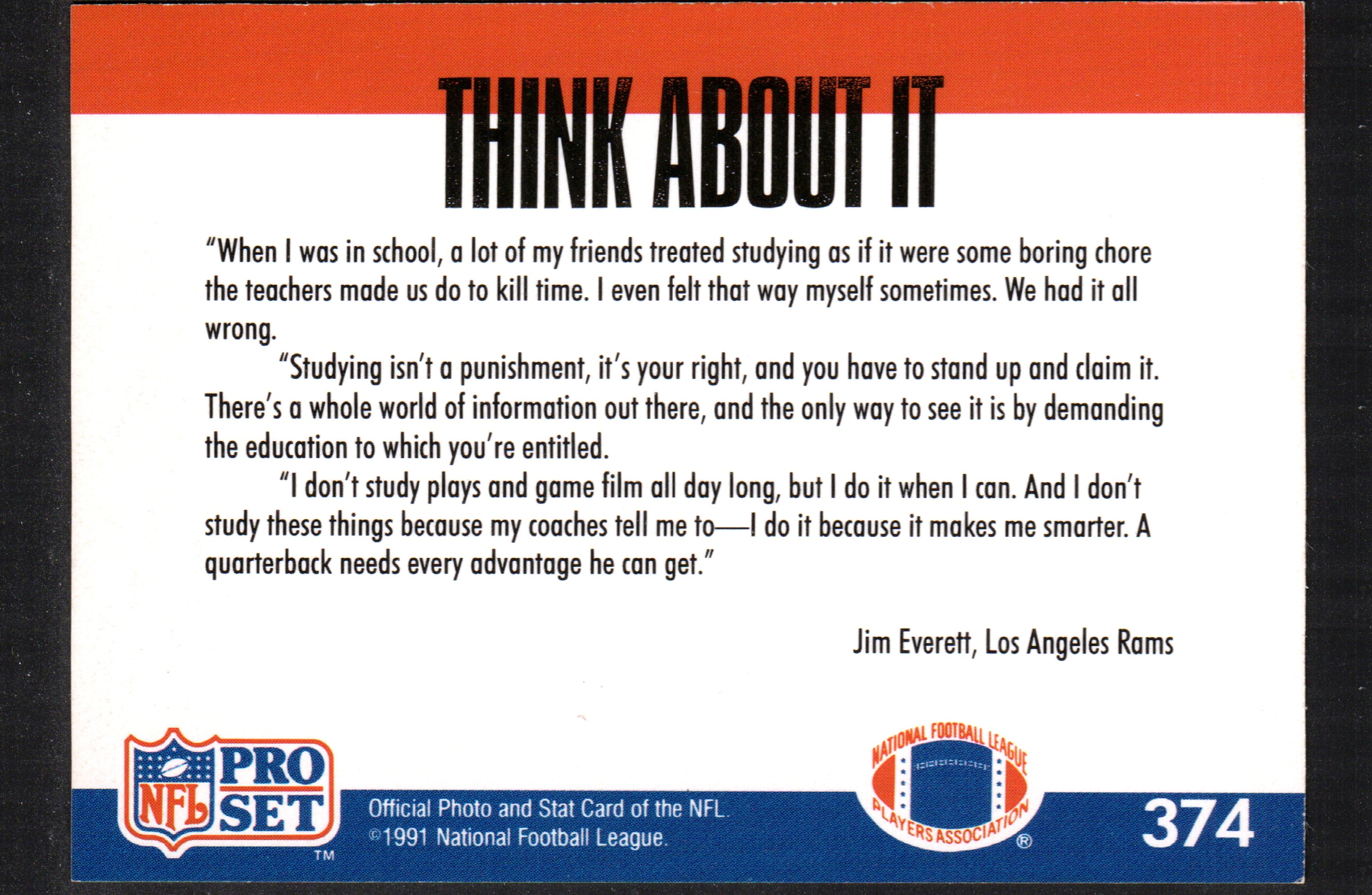 1991 Pro Set trading card featuring Jim Everett, Los Angeles Rams quarterback, card number 374.
