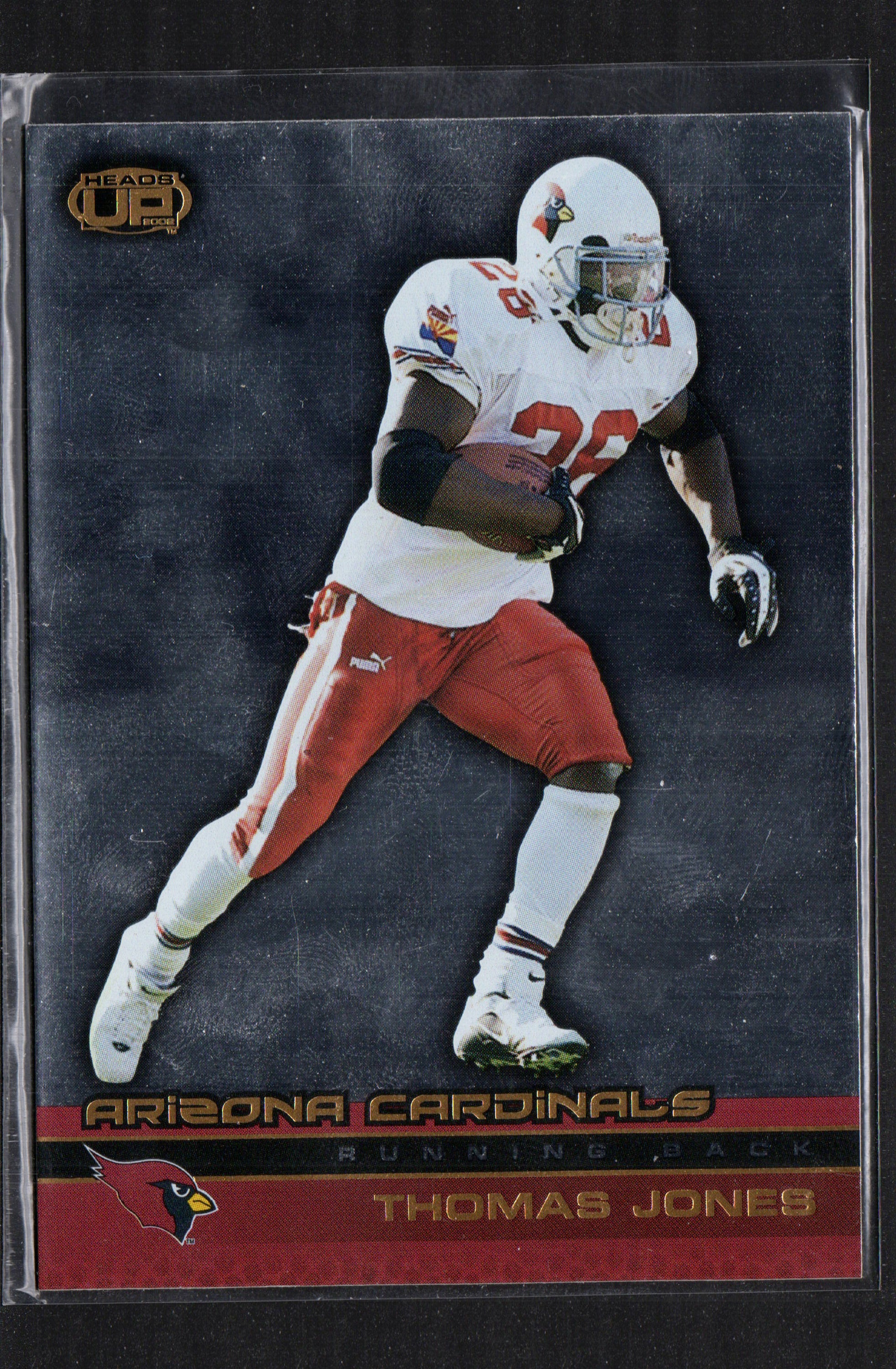 Thomas Jones Arizona Cardinals #2 trading card from 2002 Pacific Heads Up set, featuring vibrant colors and detailed player image.