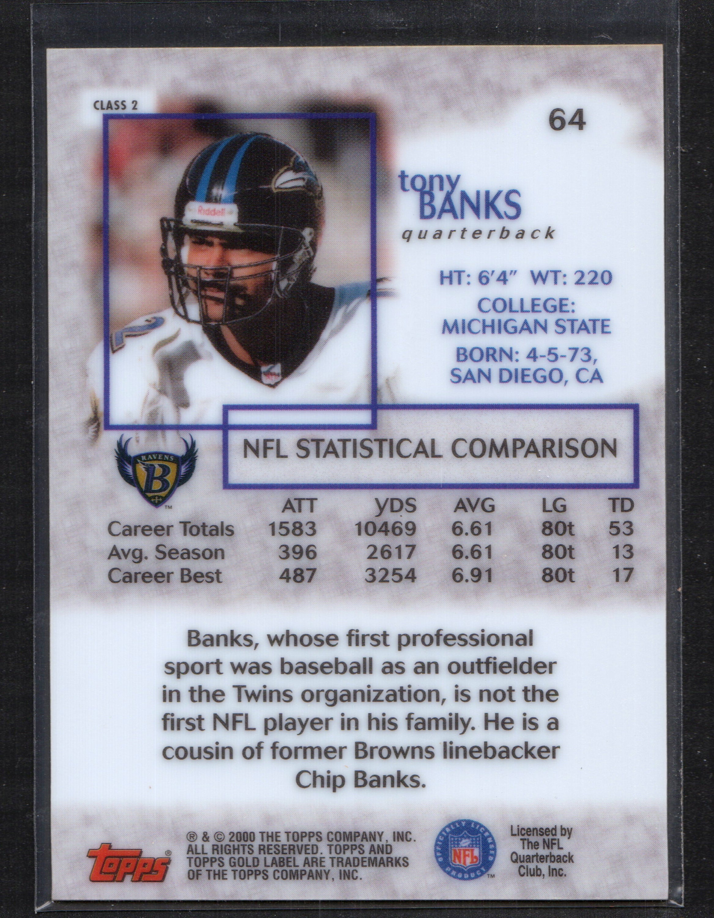 2000 Topps Gold Label Class 2 trading card featuring Tony Banks, Baltimore Ravens quarterback, card number 64.