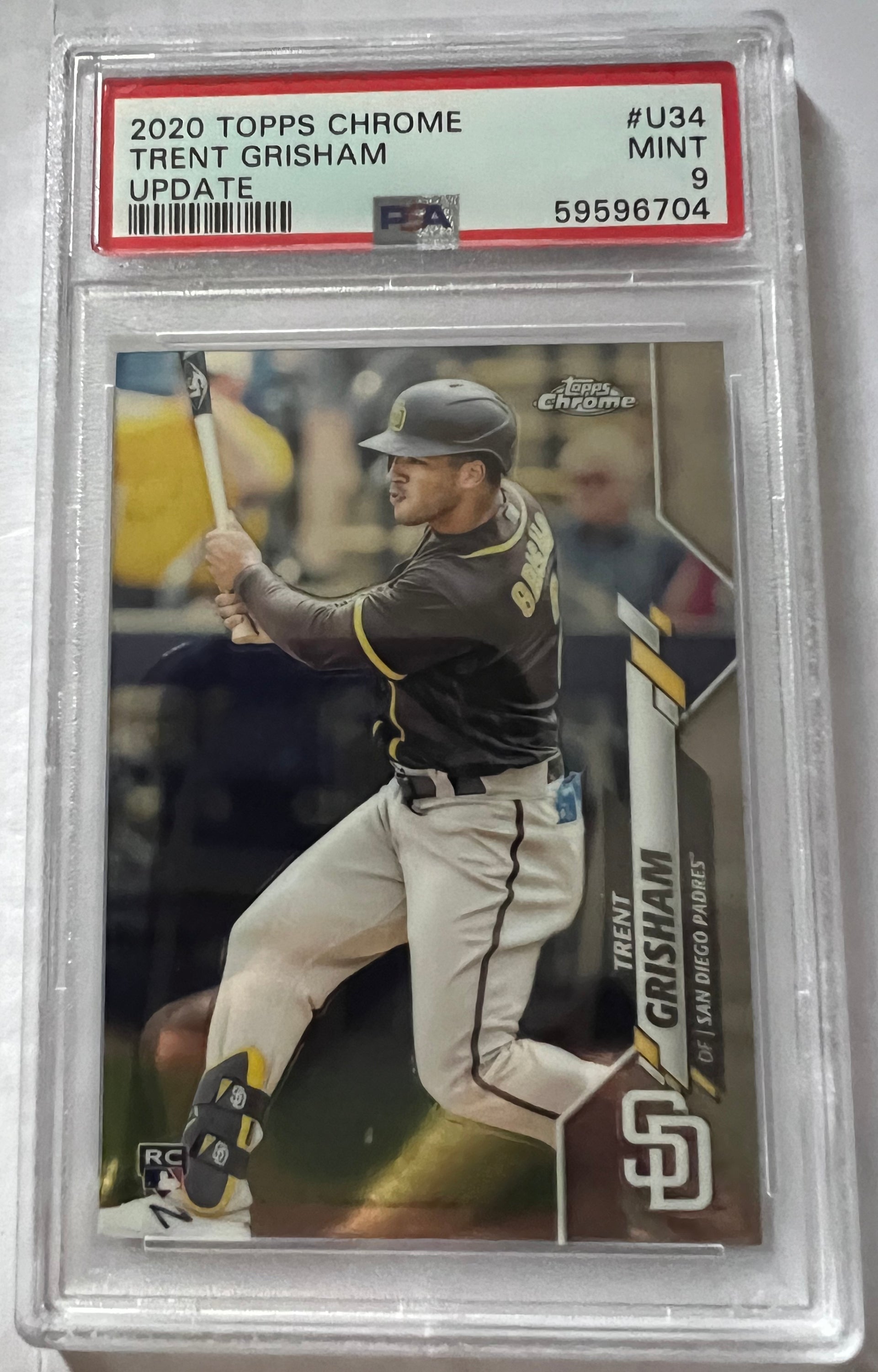 2020 Topps Chrome Update Trent Grisham San Diego Padres trading card, PSA 9 rated, featuring a refractor parallel design.
