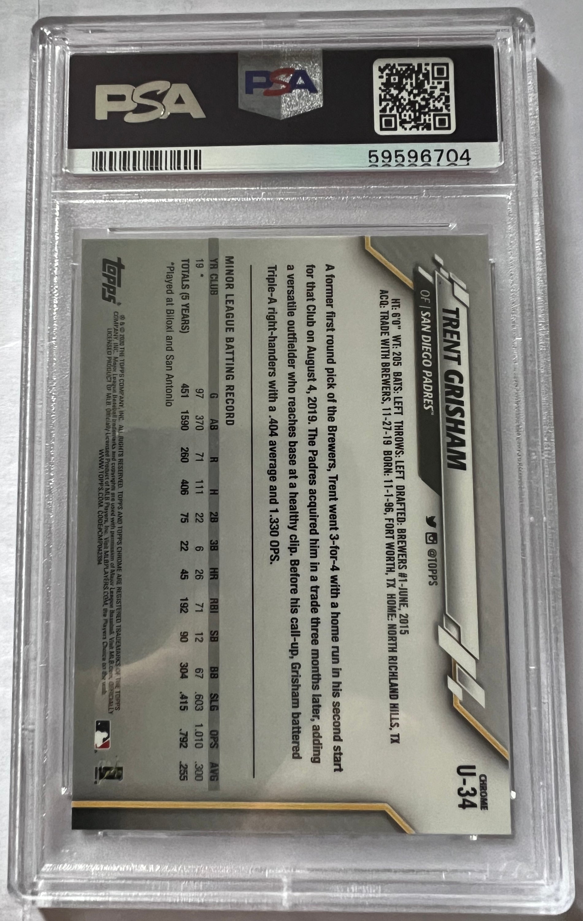 2020 Topps Chrome Update Trent Grisham San Diego Padres trading card, PSA 9 rated, featuring a refractor parallel design.