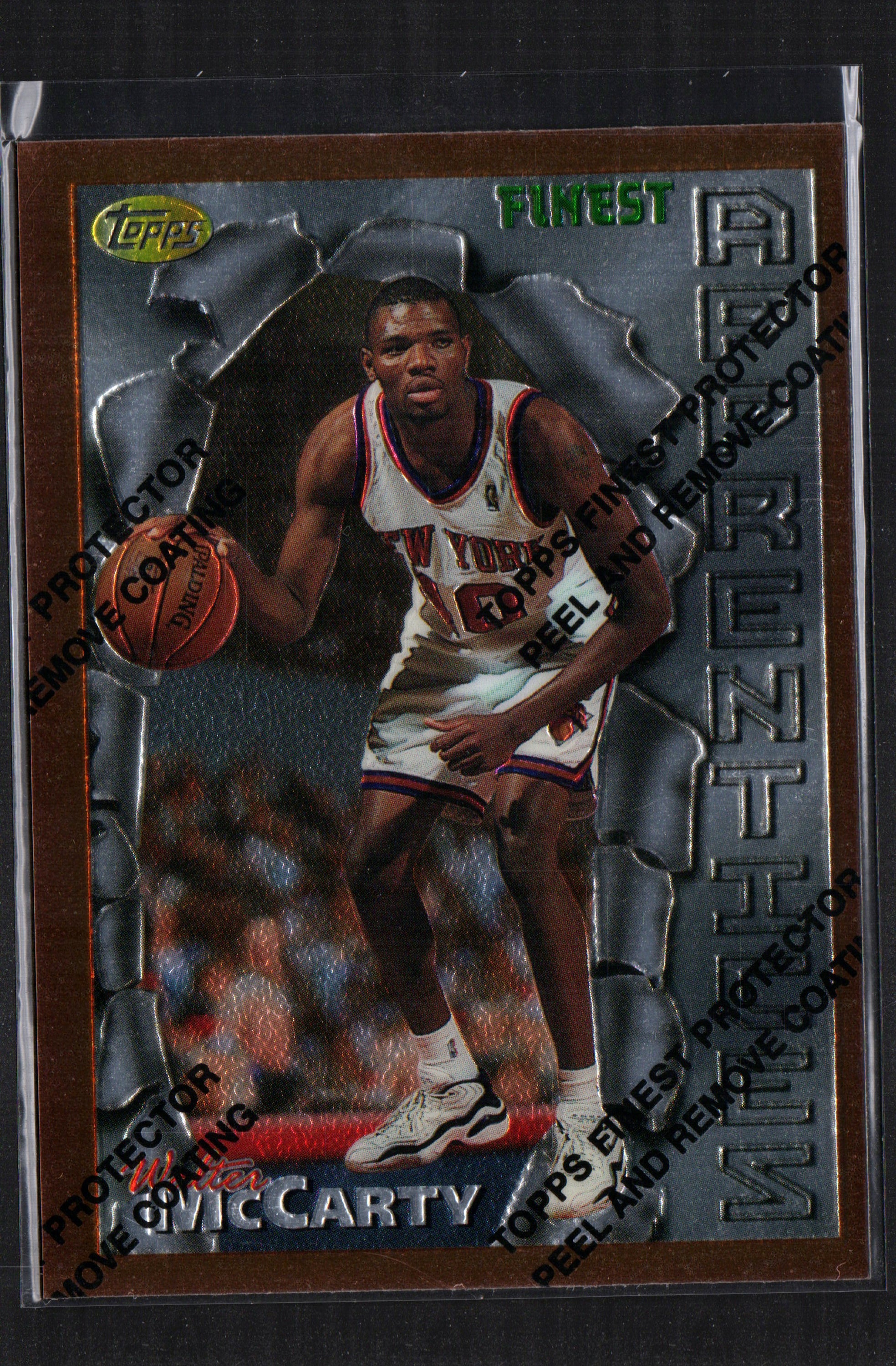Walter McCarty New York Knicks #87 trading card from 1996-97 Topps Finest Bronze series, showcasing player in Knicks uniform.