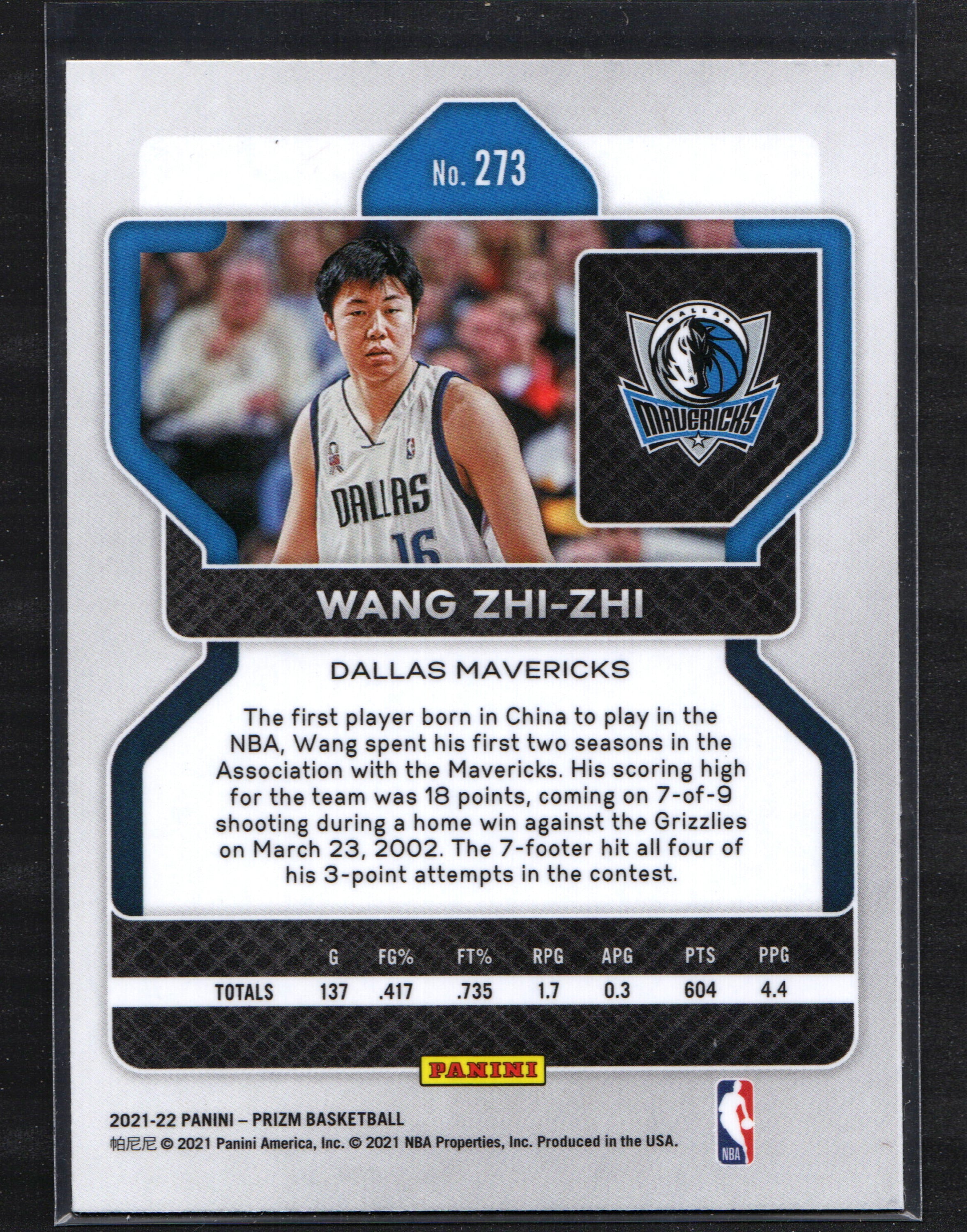 Wang Zhi-Zhi Dallas Mavericks #273 trading card from the 2021-22 Panini Prizm set, showcasing vibrant colors and detailed player imagery.