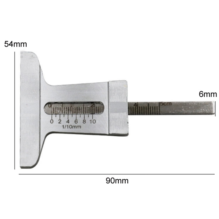 0-50mm stainless steel tire tread vernier depth gauge with clear markings for accurate measurement.