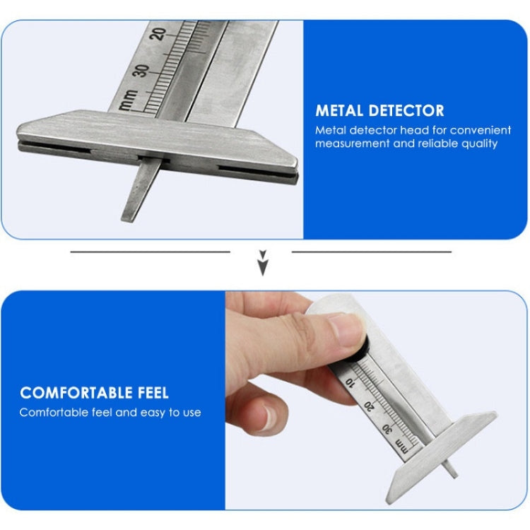 0-50mm stainless steel tire tread vernier depth gauge with clear markings for accurate measurement.