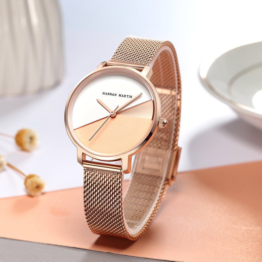 Elegant 1 Set Bracelet & Watch featuring a gradient rose gold dial, stainless steel mesh band, and a stylish design suitable for women.