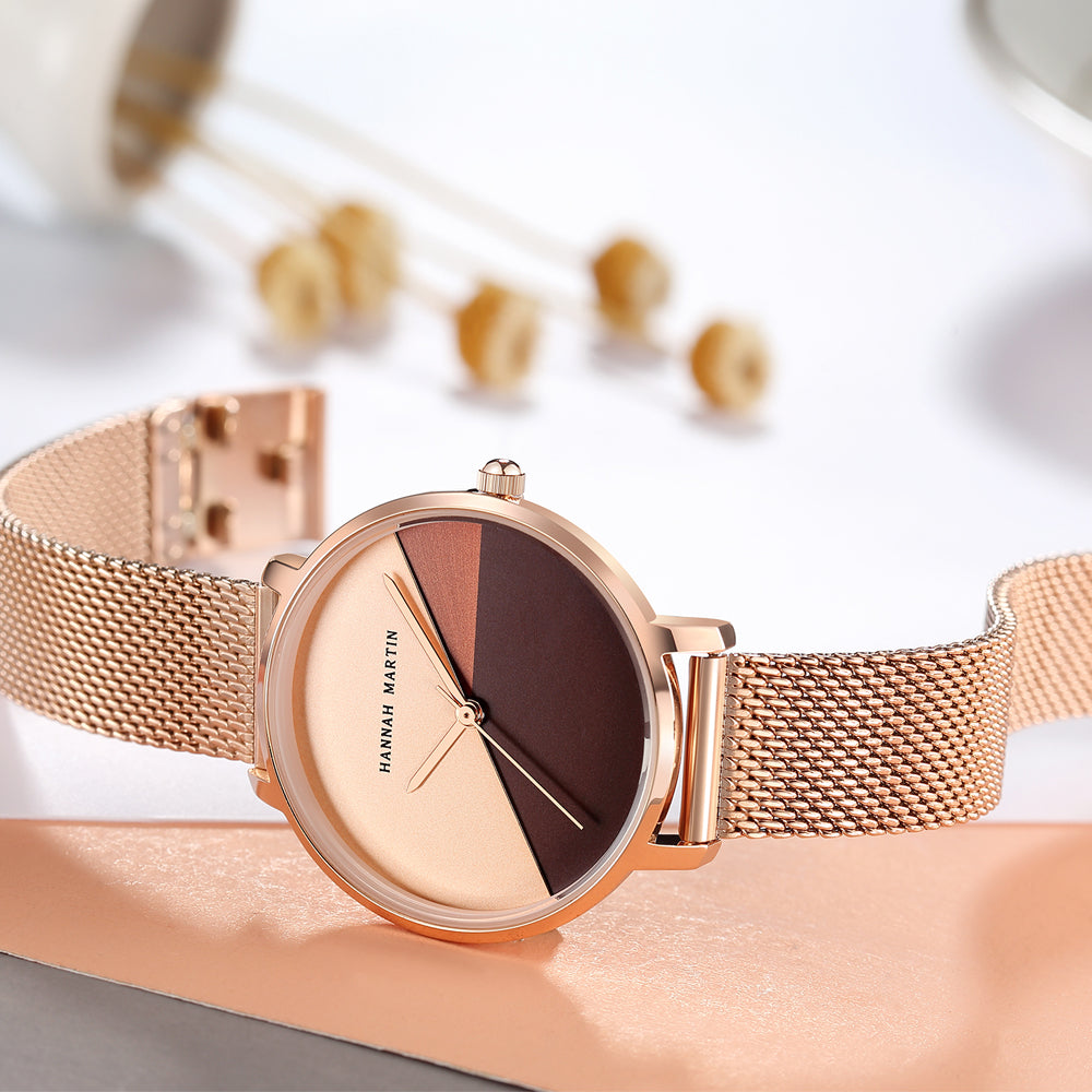 Elegant 1 Set Bracelet & Watch featuring a gradient rose gold dial, stainless steel mesh band, and a stylish design suitable for women.
